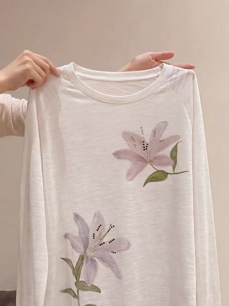한 부서 ins 디자인 센스 자외선 차단 얇고 가벼운 블라우스 맨위 여성 여름 루즈핏 느긋한 바람 릴리 꽃 긴팔 티셔츠 상세 이미지 5
