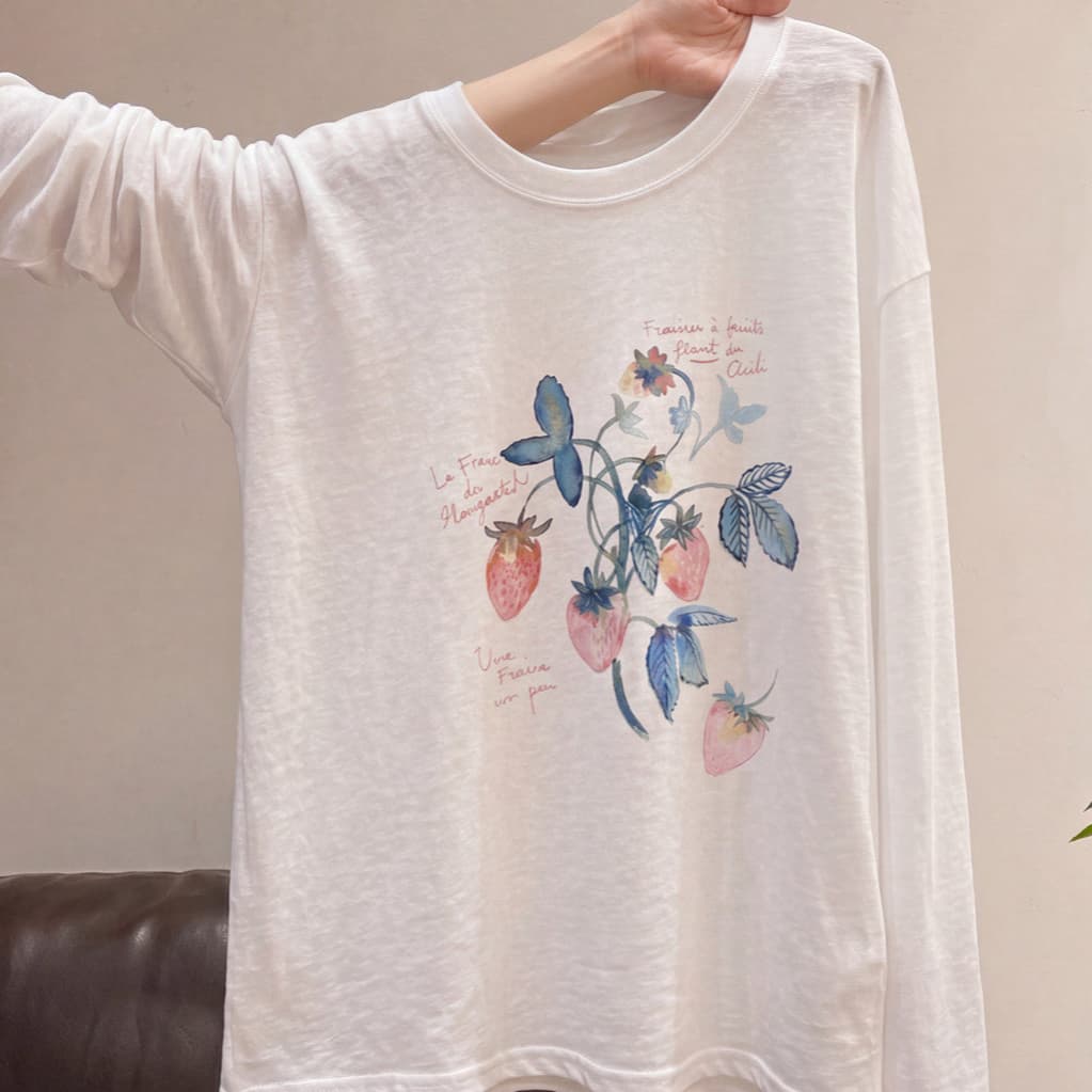 한 부서 눈꽃 면 딸기 프린트 얇은 스타일 긴팔 티셔츠 여성 여름 oversize 루즈핏 캐주얼 블라우스 맨위 이미지 3