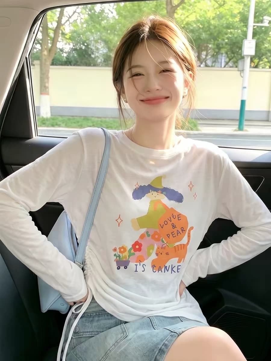 만화 프린트 펌프 로프 긴팔 티셔츠 여성 여름 새로운 슈퍼 화재 연령 감소 맨위 느긋한 바람 얇은 스타일 자외선 차단 블라우스 이미지 4