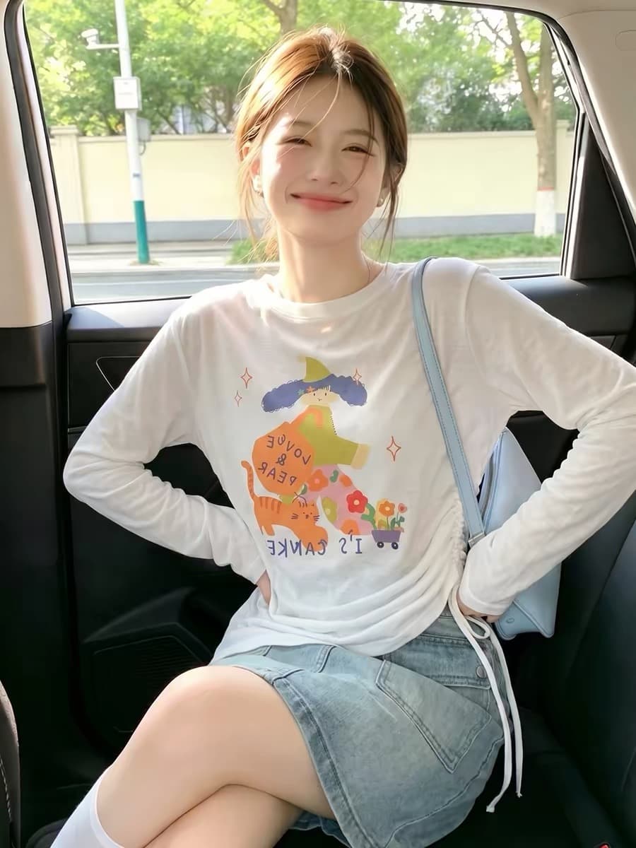 만화 프린트 펌프 로프 긴팔 티셔츠 여성 여름 새로운 슈퍼 화재 연령 감소 맨위 느긋한 바람 얇은 스타일 자외선 차단 블라우스 이미지 3