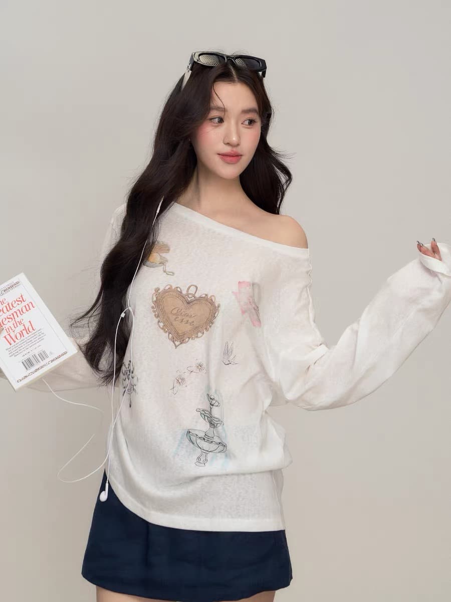 화이트 비스듬한 어깨 오프숄더 얇은 스타일 자외선 차단 블라우스 여성 여름 슬립 외부 가져 가라. 에어컨 셔츠 루즈핏 긴팔 티셔츠 맨위 이미지 4