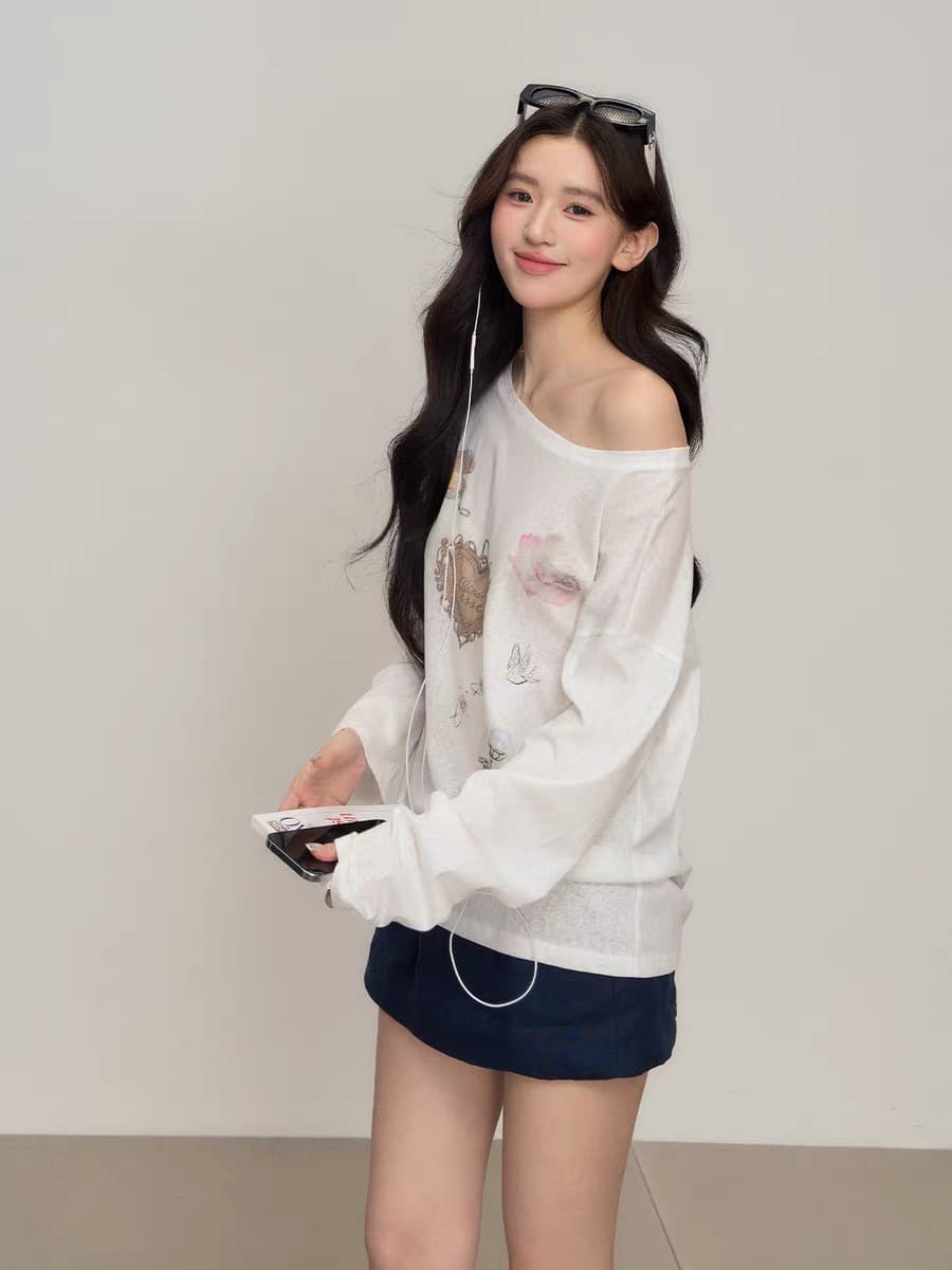 화이트 비스듬한 어깨 오프숄더 얇은 스타일 자외선 차단 블라우스 여성 여름 슬립 외부 가져 가라. 에어컨 셔츠 루즈핏 긴팔 티셔츠 맨위 이미지 2