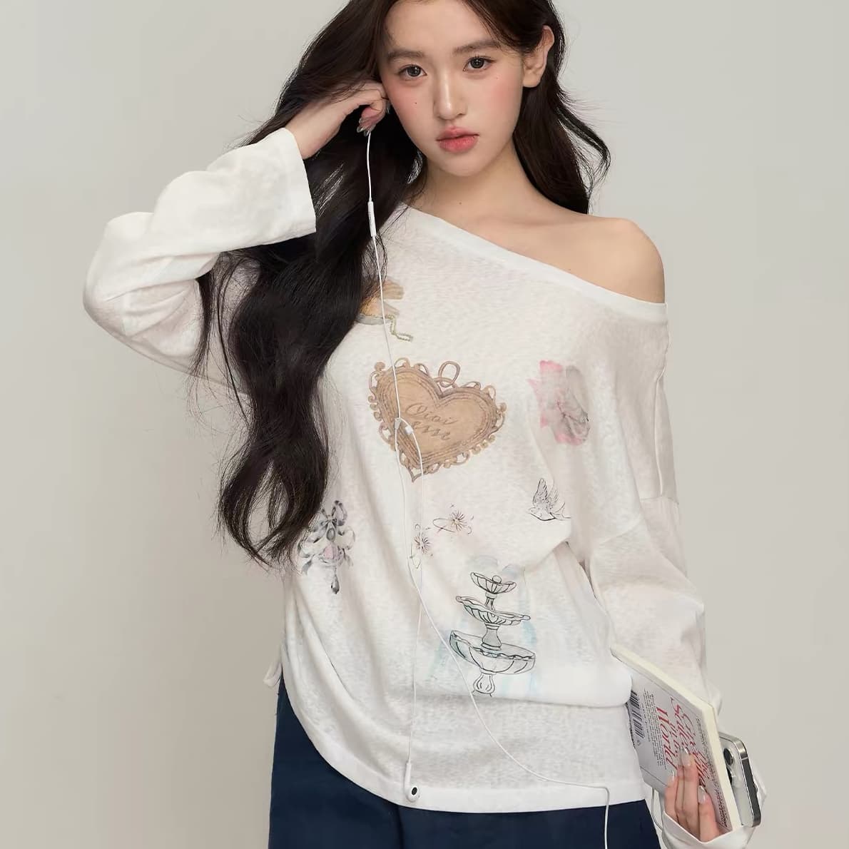 화이트 비스듬한 어깨 오프숄더 얇은 스타일 자외선 차단 블라우스 여성 여름 슬립 외부 가져 가라. 에어컨 셔츠 루즈핏 긴팔 티셔츠 맨위 상세 이미지 1