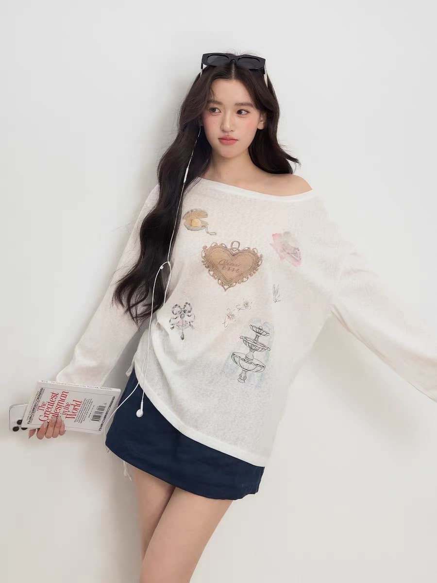 화이트 비스듬한 어깨 오프숄더 얇은 스타일 자외선 차단 블라우스 여성 여름 슬립 외부 가져 가라. 에어컨 셔츠 루즈핏 긴팔 티셔츠 맨위 상세 이미지 2