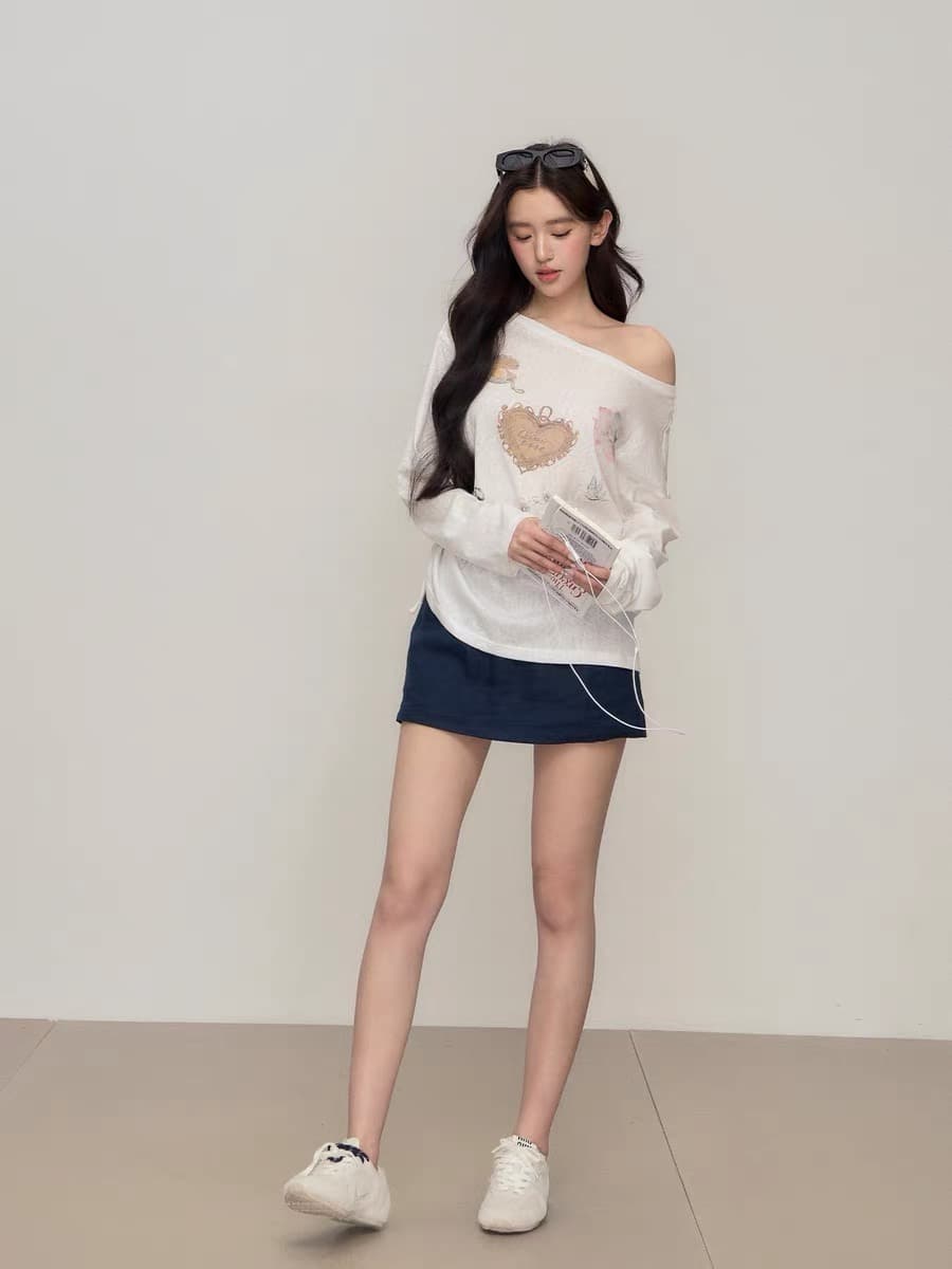 화이트 비스듬한 어깨 오프숄더 얇은 스타일 자외선 차단 블라우스 여성 여름 슬립 외부 가져 가라. 에어컨 셔츠 루즈핏 긴팔 티셔츠 맨위 상세 이미지 5
