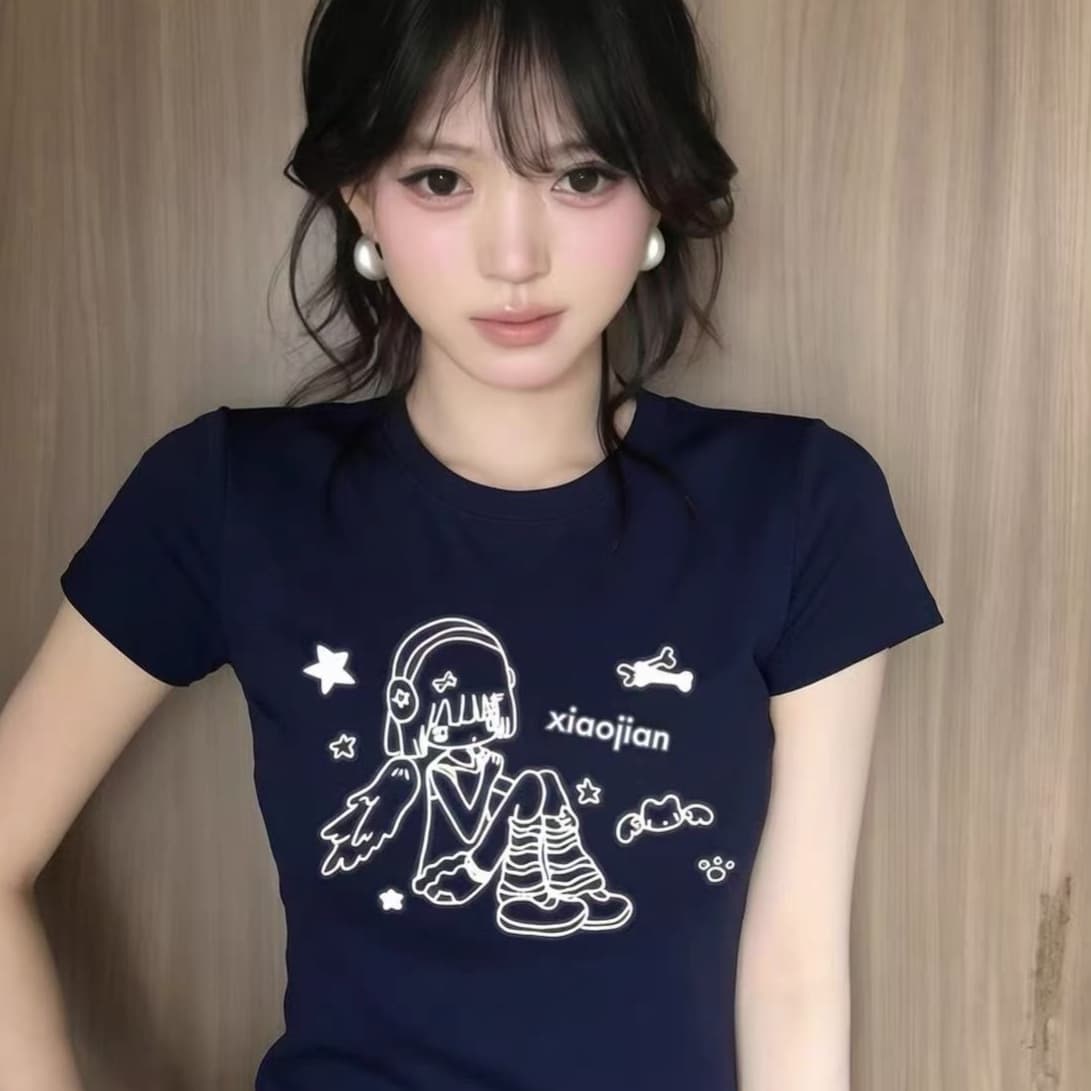 만화 프린트 반팔 티셔츠 여성 여름 2026 새로운 몸매 가꾸기 슬림해 보이는 y2k 해군 쇼트 스타일 맨위 상세 이미지 1