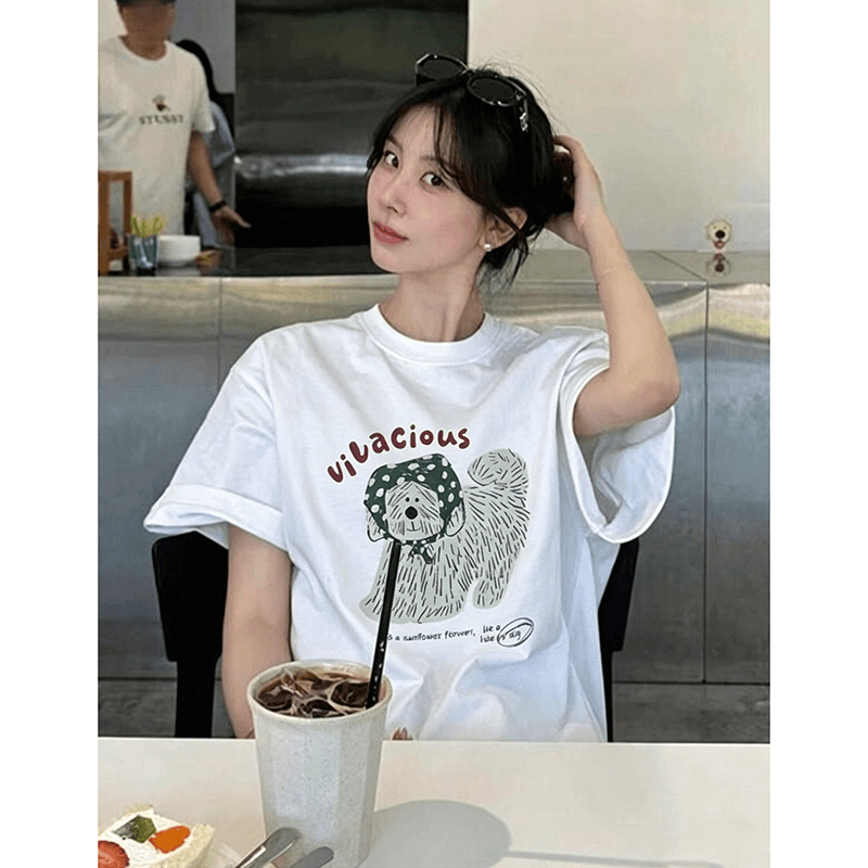 일본식 활력 연령 감소 머리띠 라인 개 알파벳 프린트 라운드 넥 반팔 티셔츠 여성 여름 순면 반소매 맨위 이미지 3