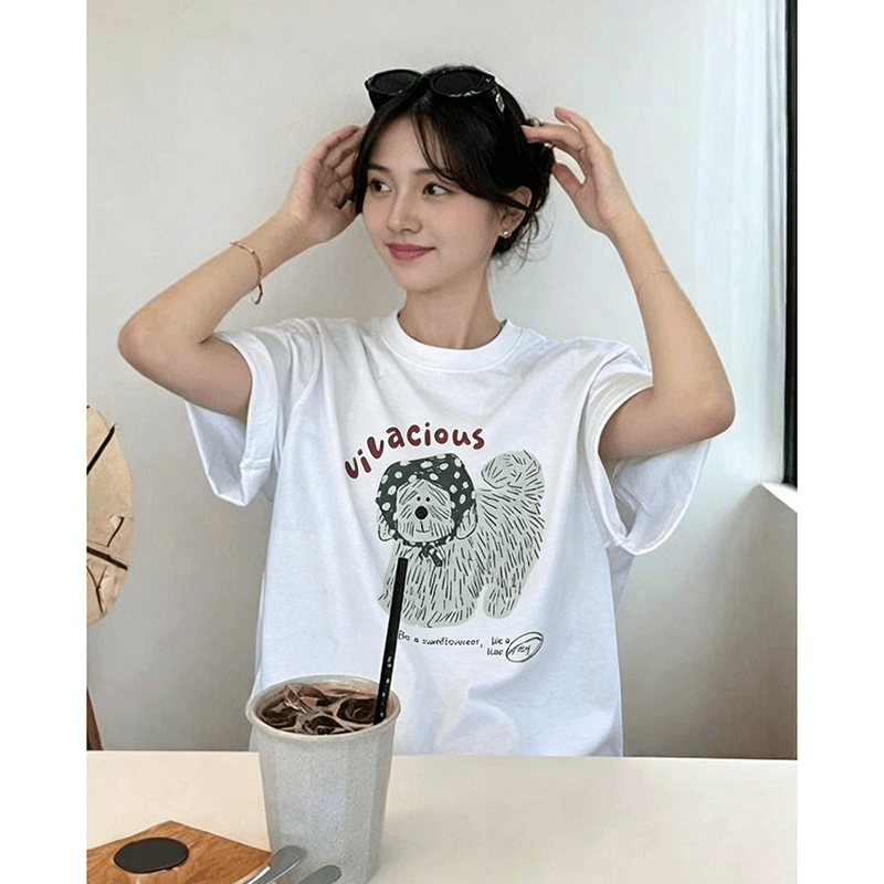 일본식 활력 연령 감소 머리띠 라인 개 알파벳 프린트 라운드 넥 반팔 티셔츠 여성 여름 순면 반소매 맨위 이미지 2