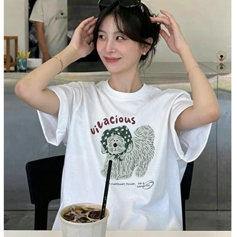 일본식 활력 연령 감소 머리띠 라인 개 알파벳 프린트 라운드 넥 반팔 티셔츠 여성 여름 순면 반소매 맨위 상세 이미지 1