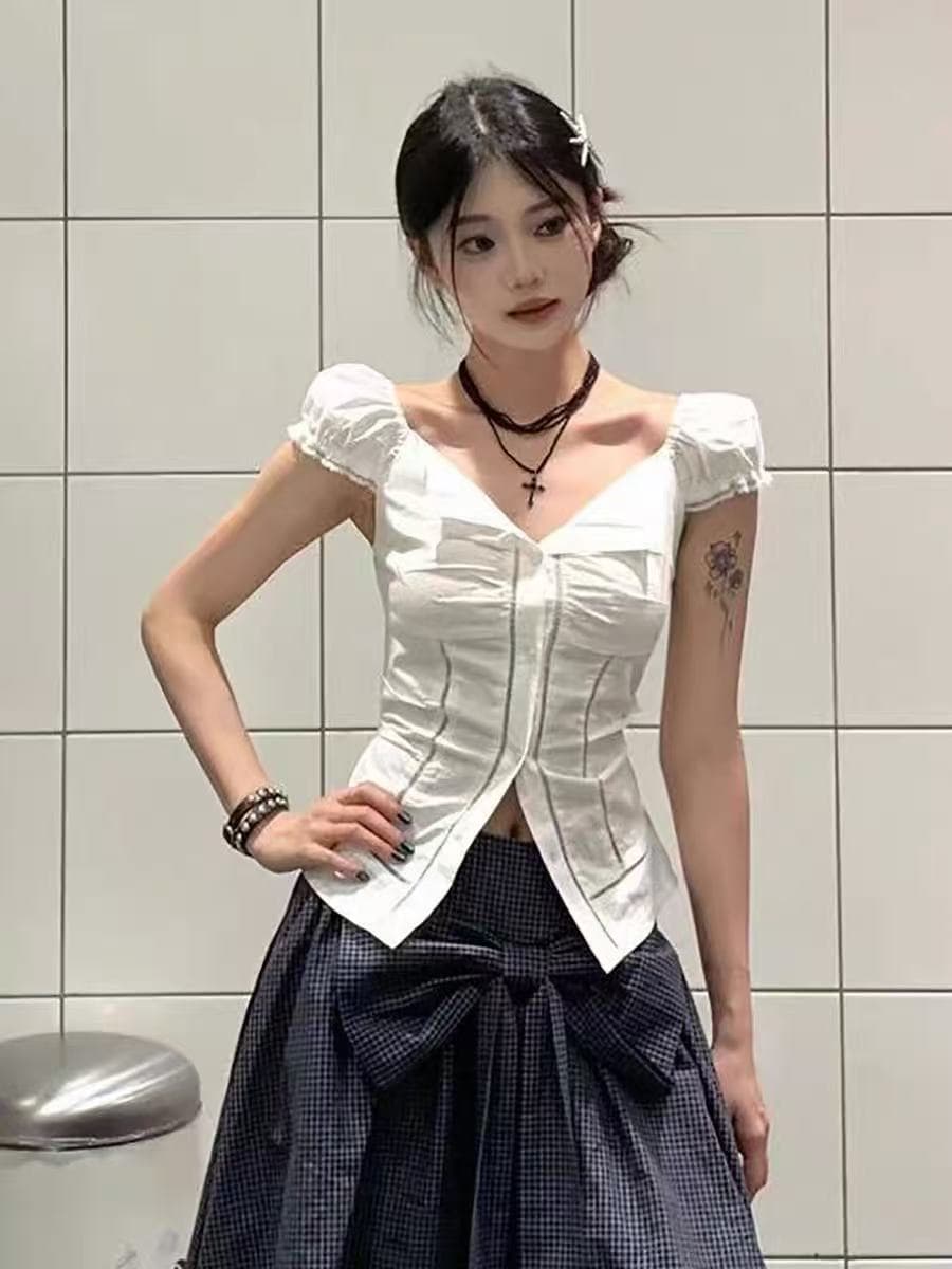 한 부서 고급 센스 반팔 여성 셔츠 여름 거품 소매 셔츠 작은 셔츠 몸매 가꾸기 슬림해 보이는 허리 수축 핫걸 맨위 트렌디 이미지 4