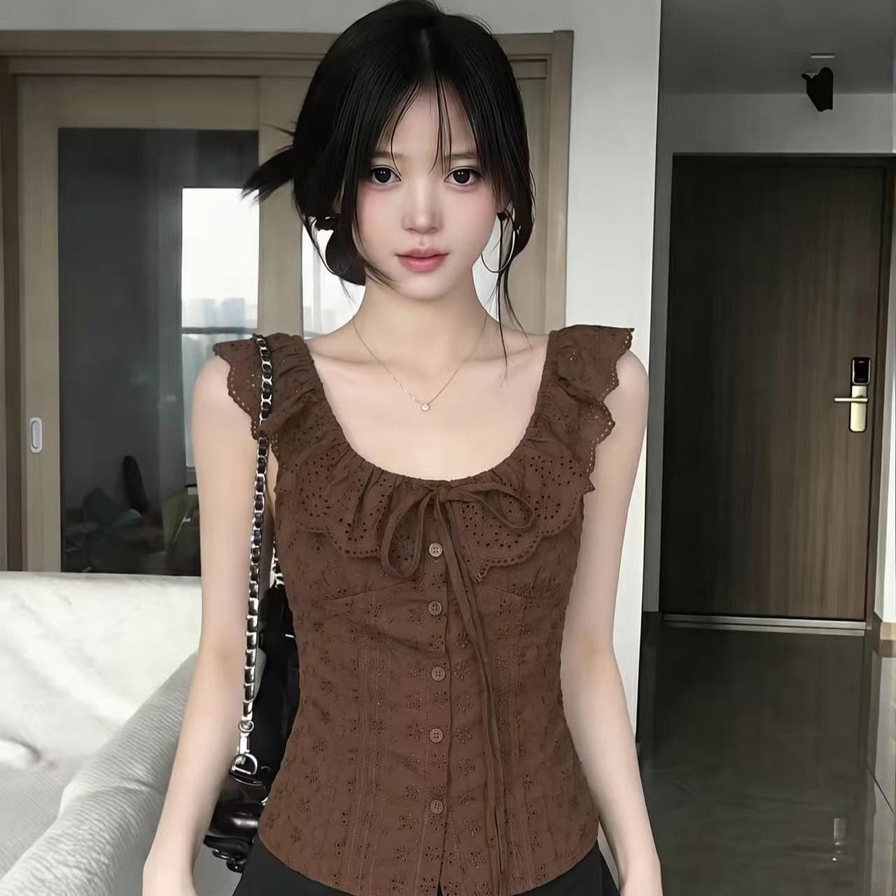 있음 네리 오프숄더 프릴 민소매 티셔츠 여성 여름 레이스 홀로우 아웃 허리 수축 핫걸 맨위 이미지 5