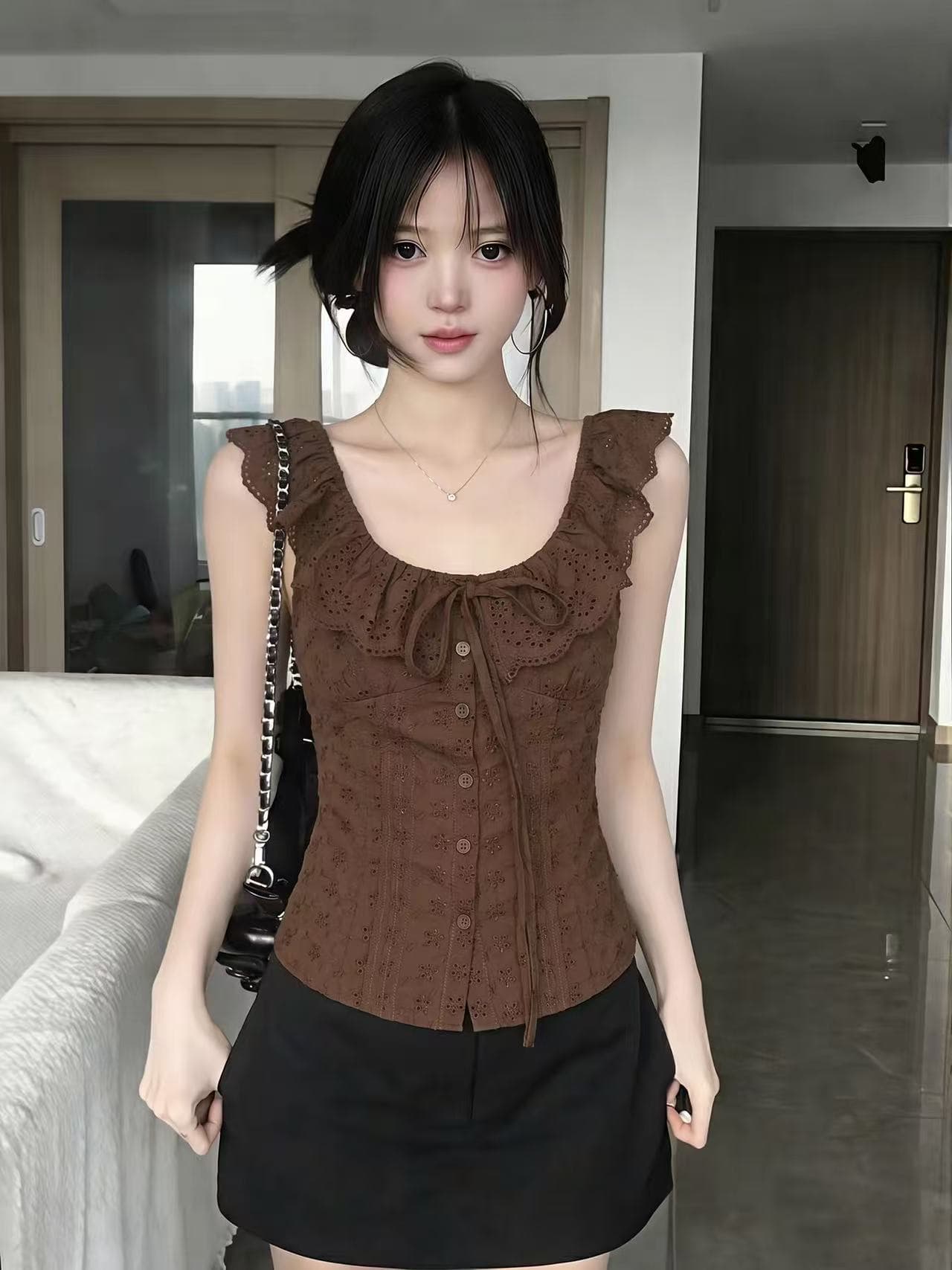 있음 네리 오프숄더 프릴 민소매 티셔츠 여성 여름 레이스 홀로우 아웃 허리 수축 핫걸 맨위 상세 이미지 5