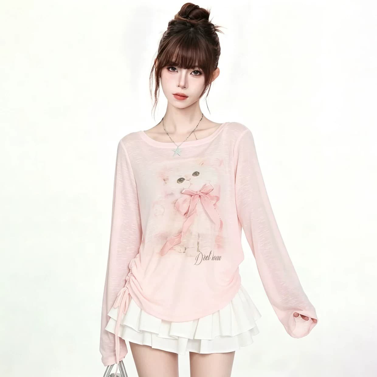 디자인 센스 스트랩 알파벳 프린트 긴팔 티셔츠 여름 자외선 차단 블라우스 Tulle 여성 외부 가져 가라. 스택 착용 슬립 맨위 상세 이미지 1
