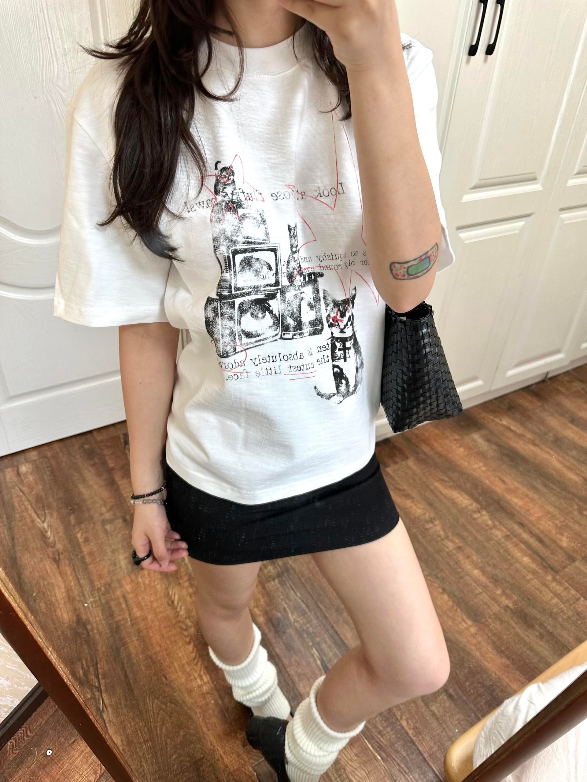 대나무 마디 면 얇은 스타일 통기성 루즈핏 반팔 티셔츠 여성 여름 프린트 맨위 상세 이미지 5