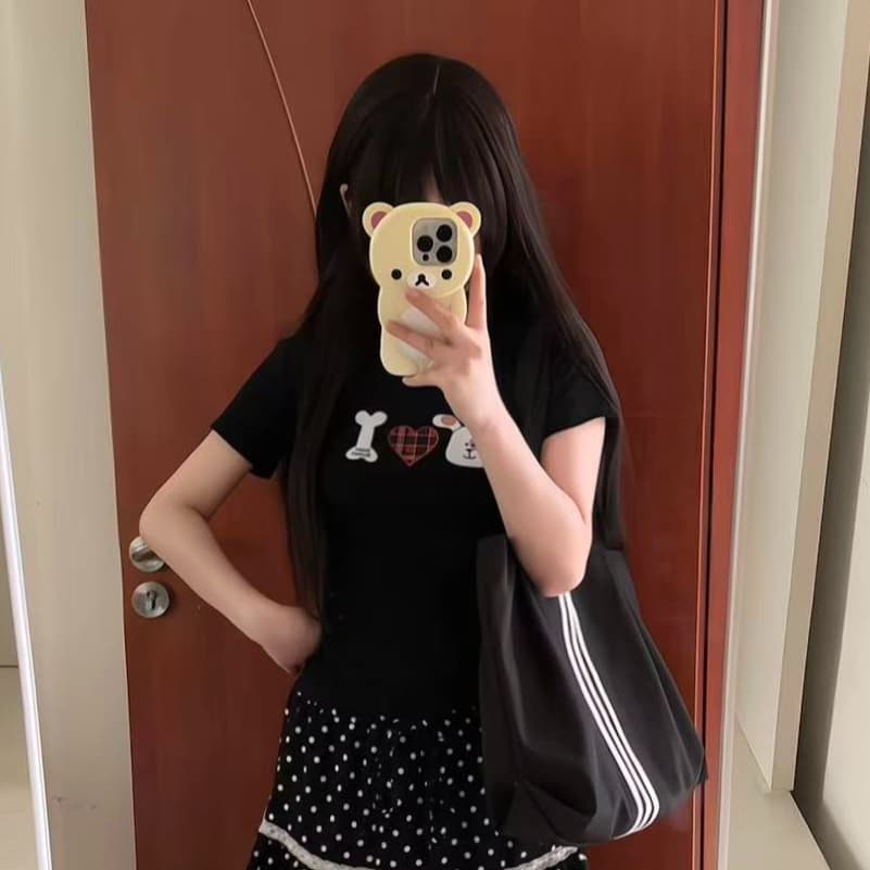 수채화 강아지 하트 프린트 긍정적 인 어깨 반팔 티셔츠 여성 여름 새로운 슬림해 보이는 y2k 핫걸 맨위
