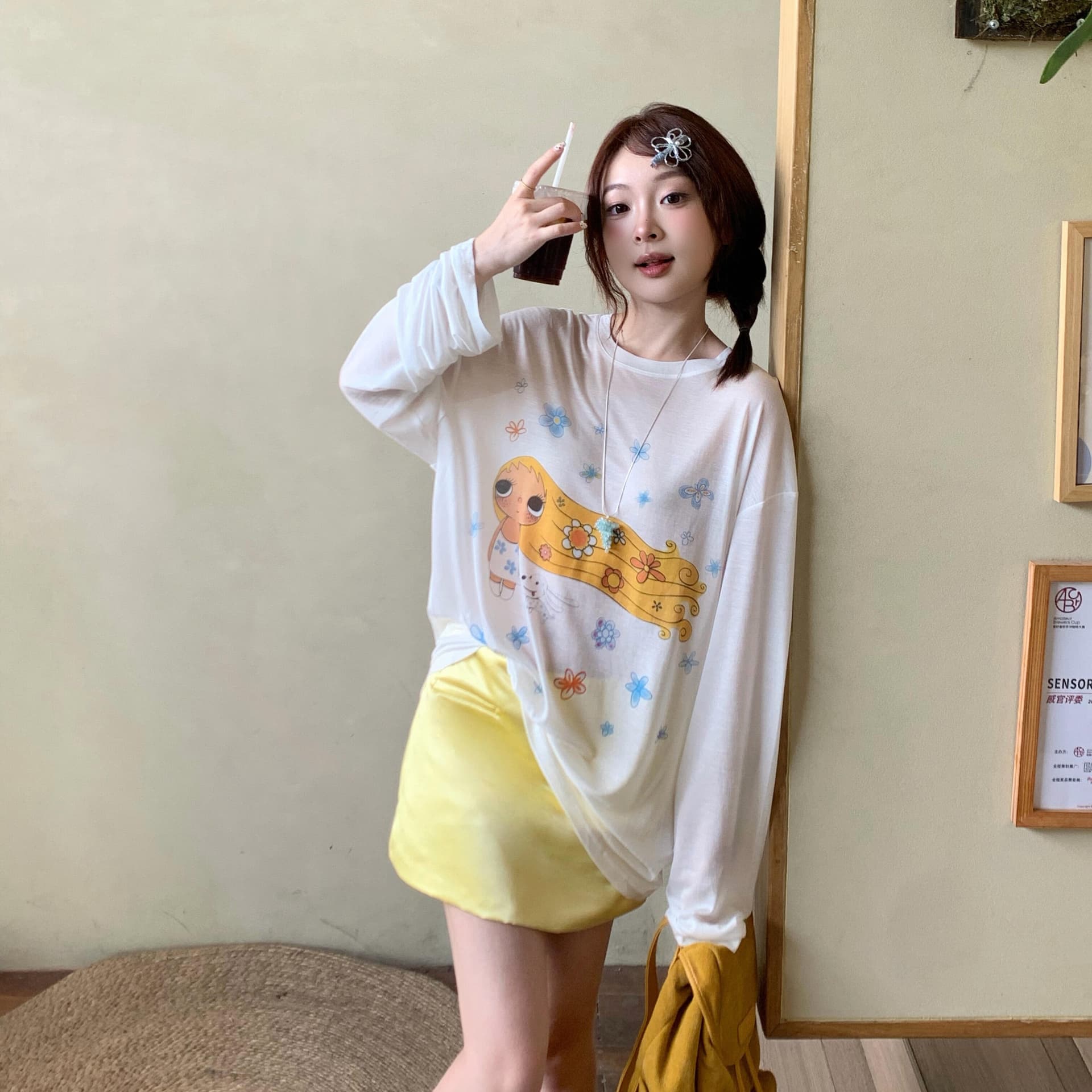 여름 한 부서 느긋한 재미있는 프린트 자외선 차단 티셔츠 여성 루즈핏 얇은 스타일 마이크로 ~을 통해 긴팔 에어컨 맨위 블라우스 이미지 5