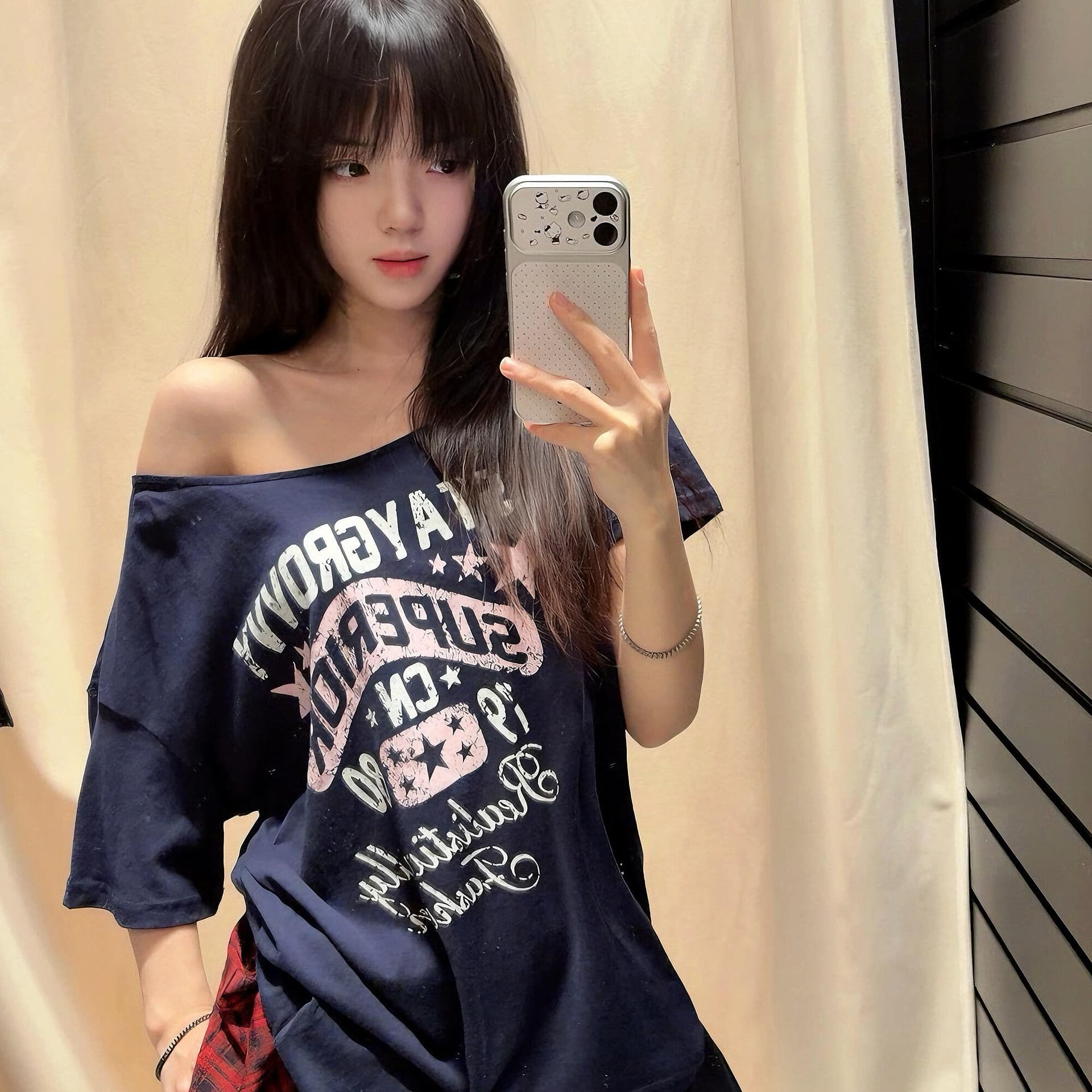 아메리칸 핫걸 알파벳 오프숄더 반팔 티셔츠 여성 여름 새로운 루즈핏 슬림해 보이는 비스듬한 어깨 의류 트렌디
