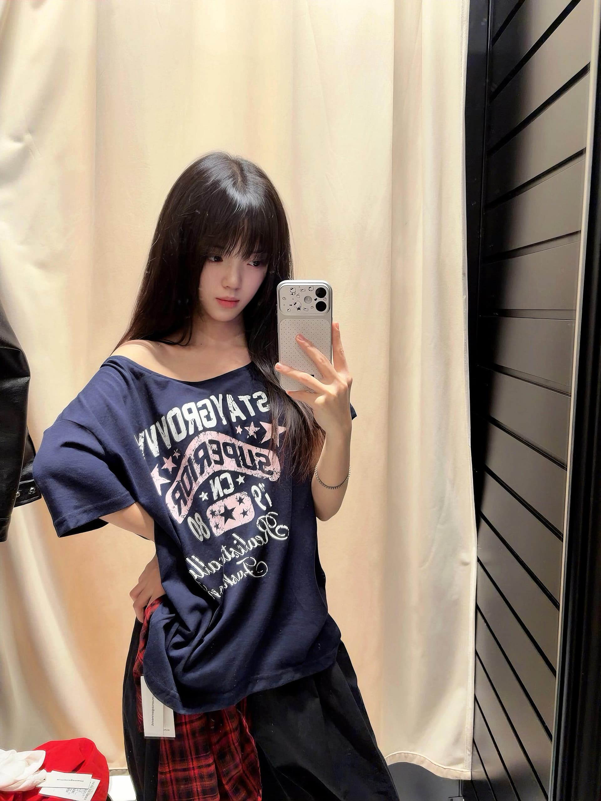 아메리칸 핫걸 알파벳 오프숄더 반팔 티셔츠 여성 여름 새로운 루즈핏 슬림해 보이는 비스듬한 어깨 의류 트렌디 상세 이미지 3