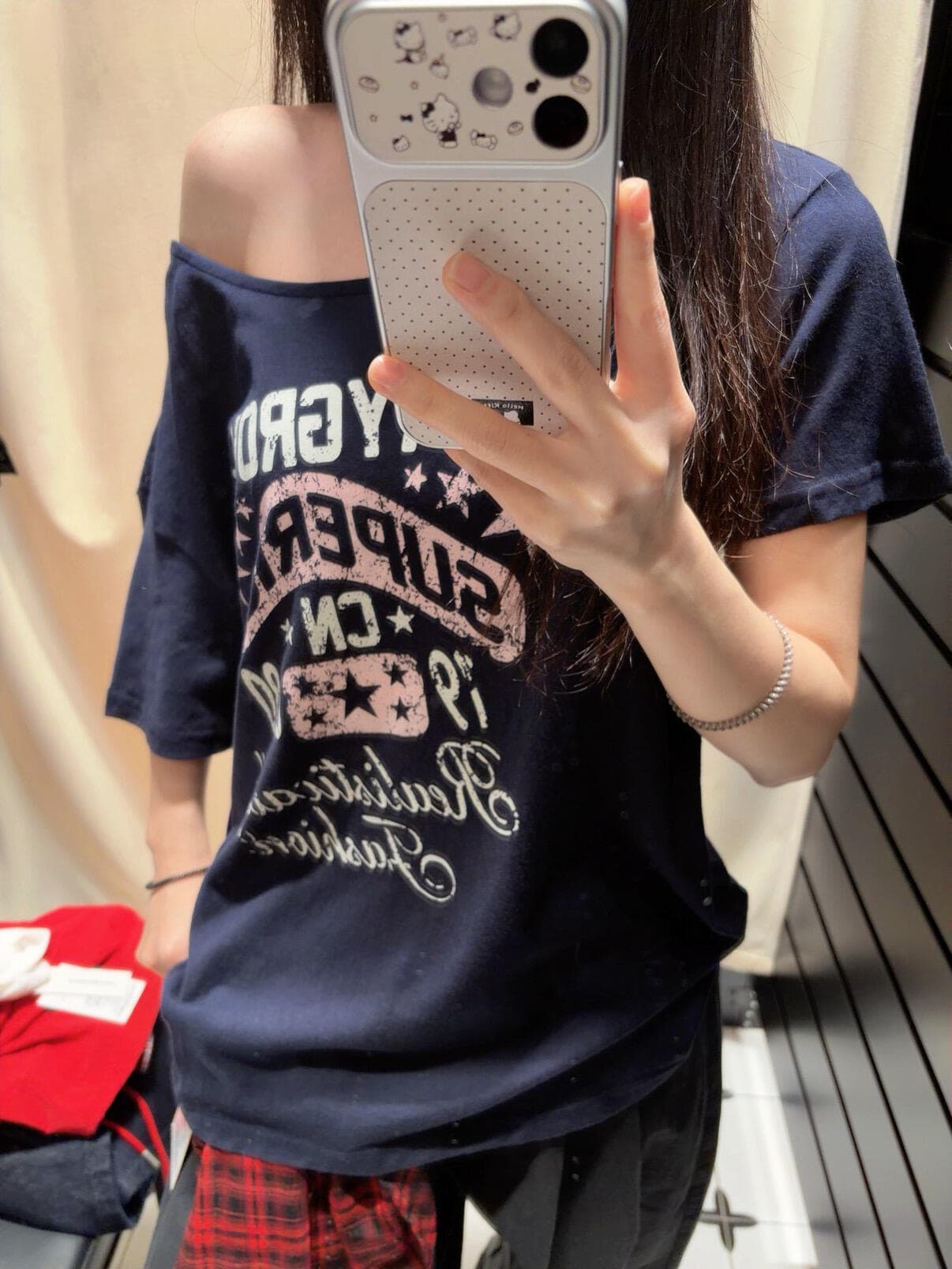 아메리칸 핫걸 알파벳 오프숄더 반팔 티셔츠 여성 여름 새로운 루즈핏 슬림해 보이는 비스듬한 어깨 의류 트렌디 상세 이미지 5