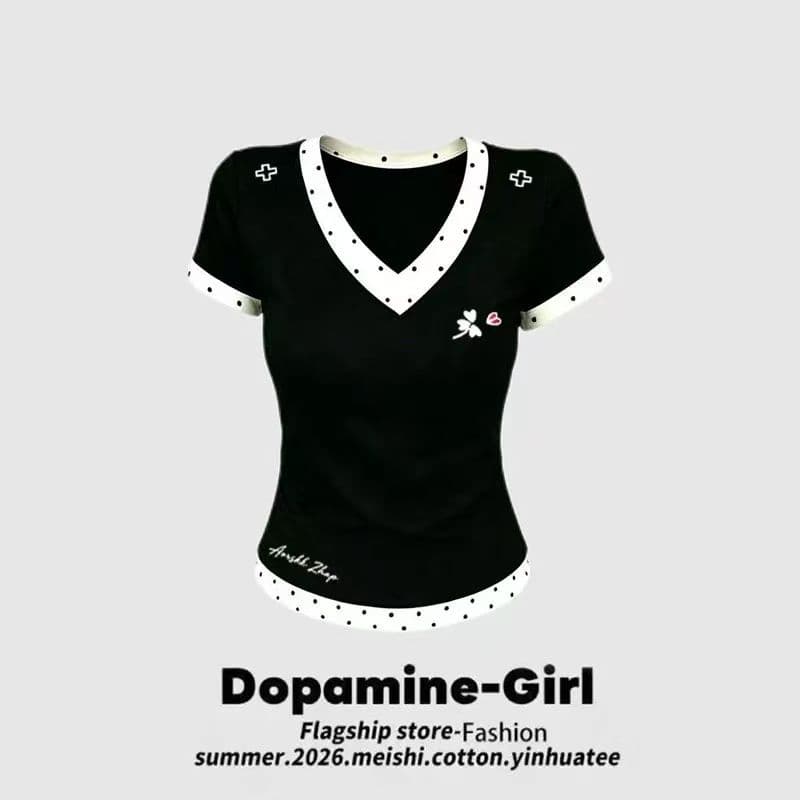 패치워크 도트 무늬 V넥 반팔 여성 여름 캐주얼 출퇴근 조수 브랜드 외출용 chic 작은 대중 맨위 ins 트렌디 상세 이미지 1