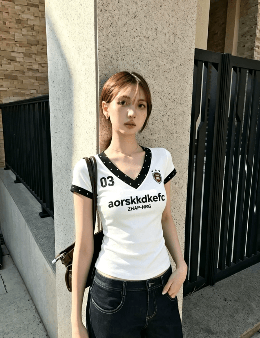 아메리칸 핫걸 바람 도트 무늬 패치워크 V넥 반팔 티셔츠 여성 여름 저지 바람 숫자 프린트 배색 몸매 가꾸기 맨위 상세 이미지 3