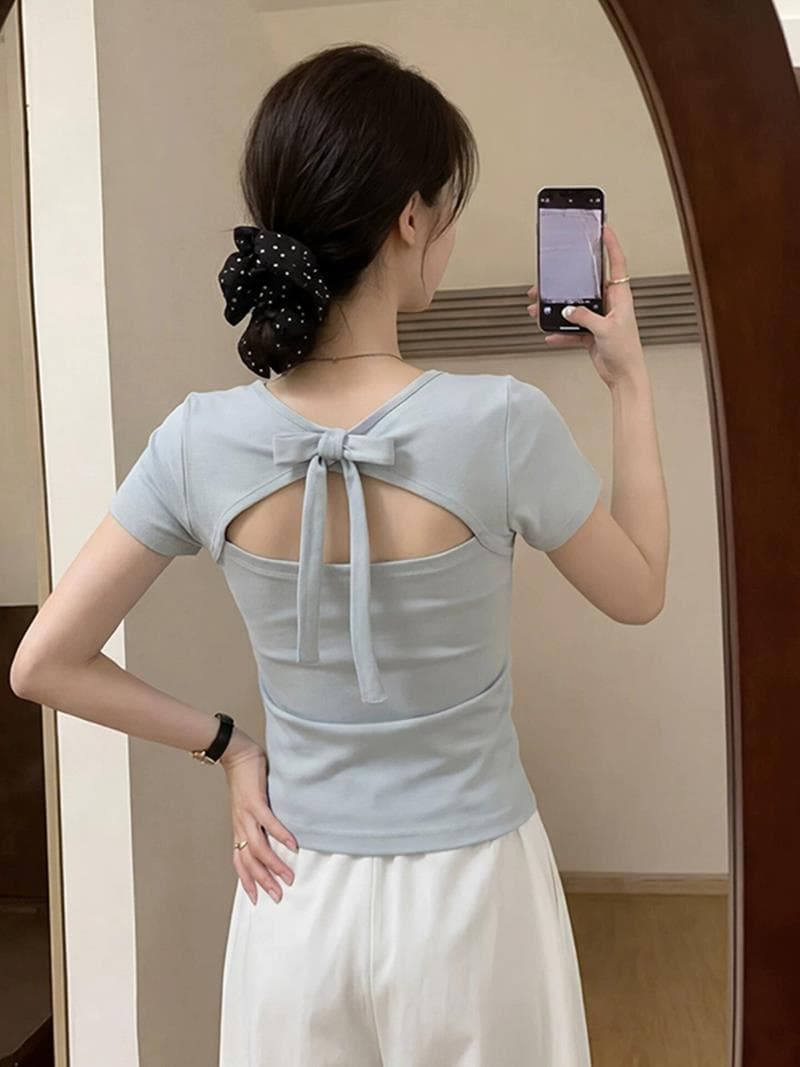 한 부서 chic 디자인 센스 나비 매듭 뒤로 홀로우 아웃 긍정적 인 어깨 반팔 티셔츠 여성 여름 아름다운 고유 한 작은 맨위 이미지 3