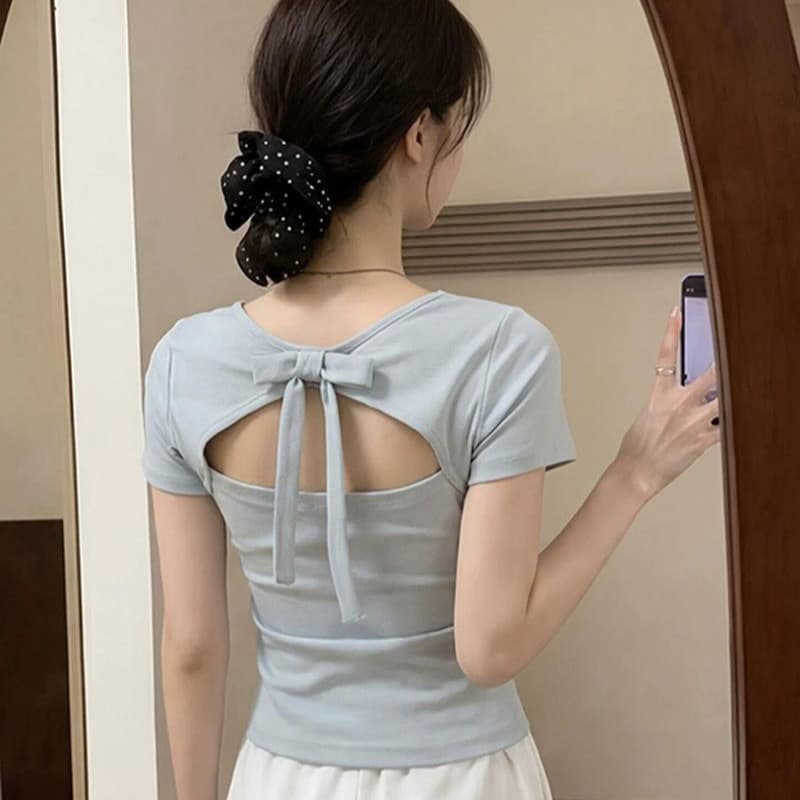 한 부서 chic 디자인 센스 나비 매듭 뒤로 홀로우 아웃 긍정적 인 어깨 반팔 티셔츠 여성 여름 아름다운 고유 한 작은 맨위 이미지 5