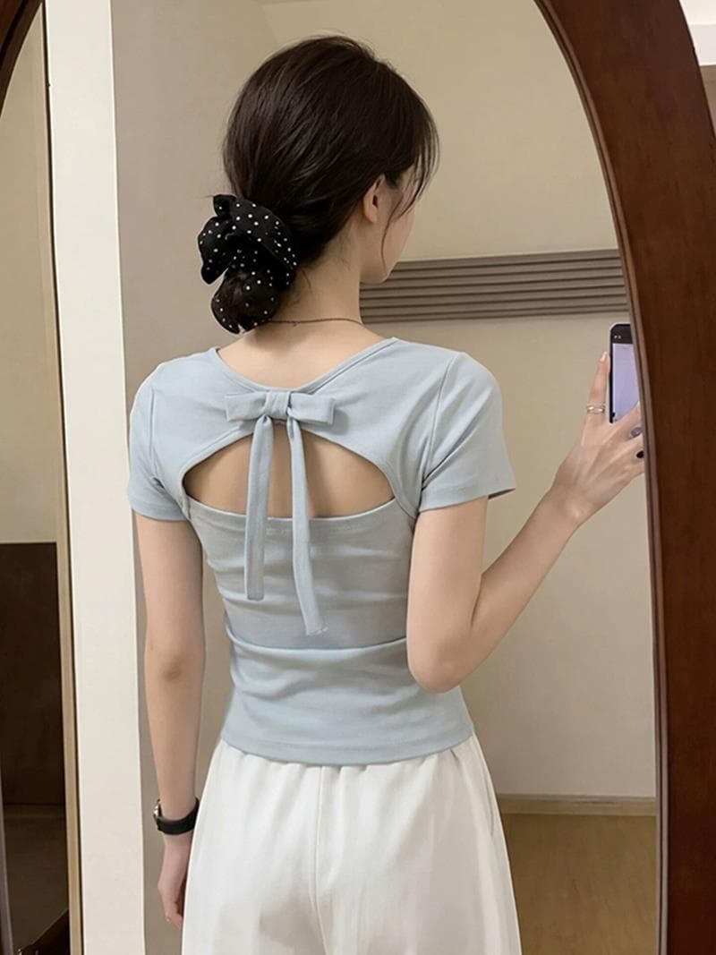한 부서 chic 디자인 센스 나비 매듭 뒤로 홀로우 아웃 긍정적 인 어깨 반팔 티셔츠 여성 여름 아름다운 고유 한 작은 맨위 상세 이미지 2