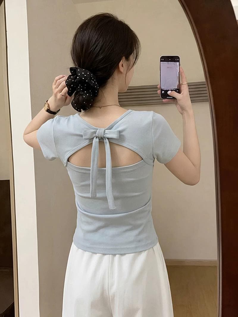한 부서 chic 디자인 센스 나비 매듭 뒤로 홀로우 아웃 긍정적 인 어깨 반팔 티셔츠 여성 여름 아름다운 고유 한 작은 맨위 상세 이미지 3