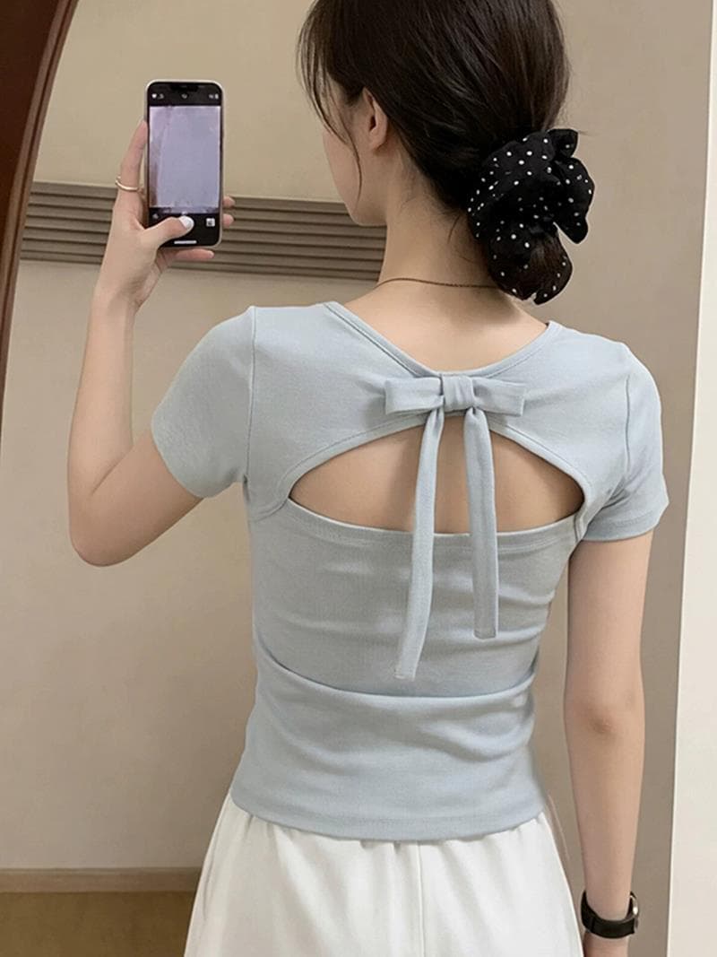 한 부서 chic 디자인 센스 나비 매듭 뒤로 홀로우 아웃 긍정적 인 어깨 반팔 티셔츠 여성 여름 아름다운 고유 한 작은 맨위 상세 이미지 5