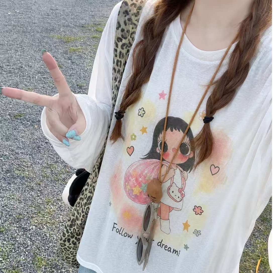 백팩 작은 옥 달콤한 스타일 귀여운 3 차원 작은 꽃 블라우스 티셔츠 새로운 다용도 루즈핏 마이크로 ~을 통해 긴팔 상세 이미지 1