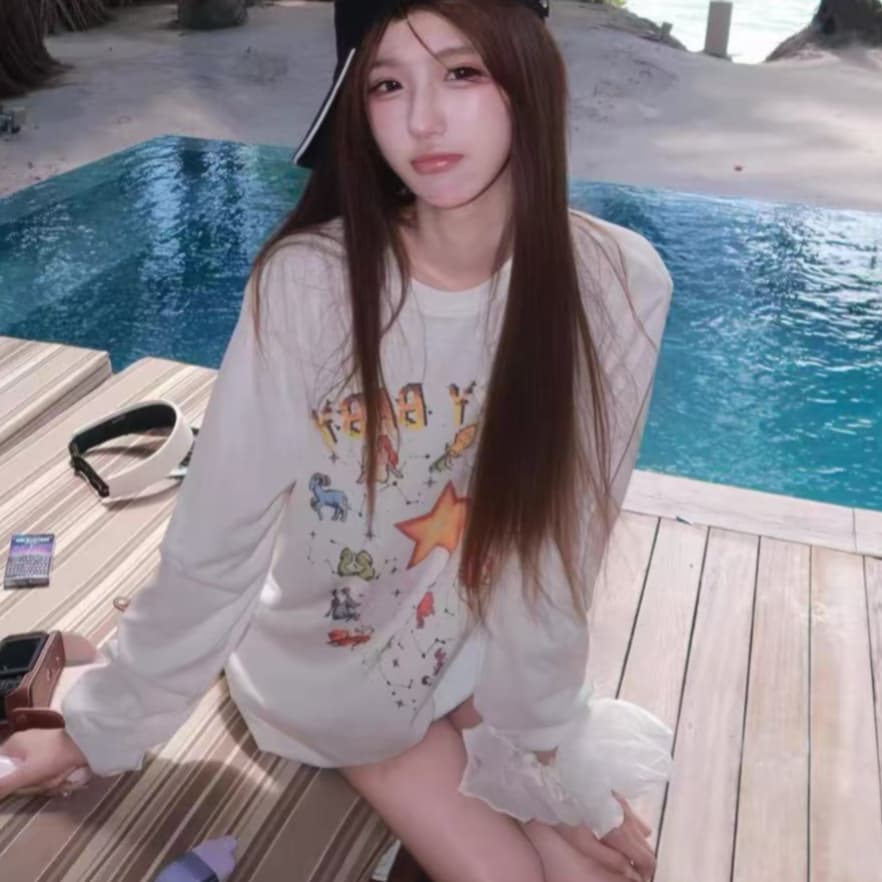 라운드 넥 화이트 별 알파벳 얇고 가벼운 자외선 차단 블라우스 여성 여름 루즈핏 디스플레이 농땡이 부리다 순수한 욕망 핫걸 바람 맨위