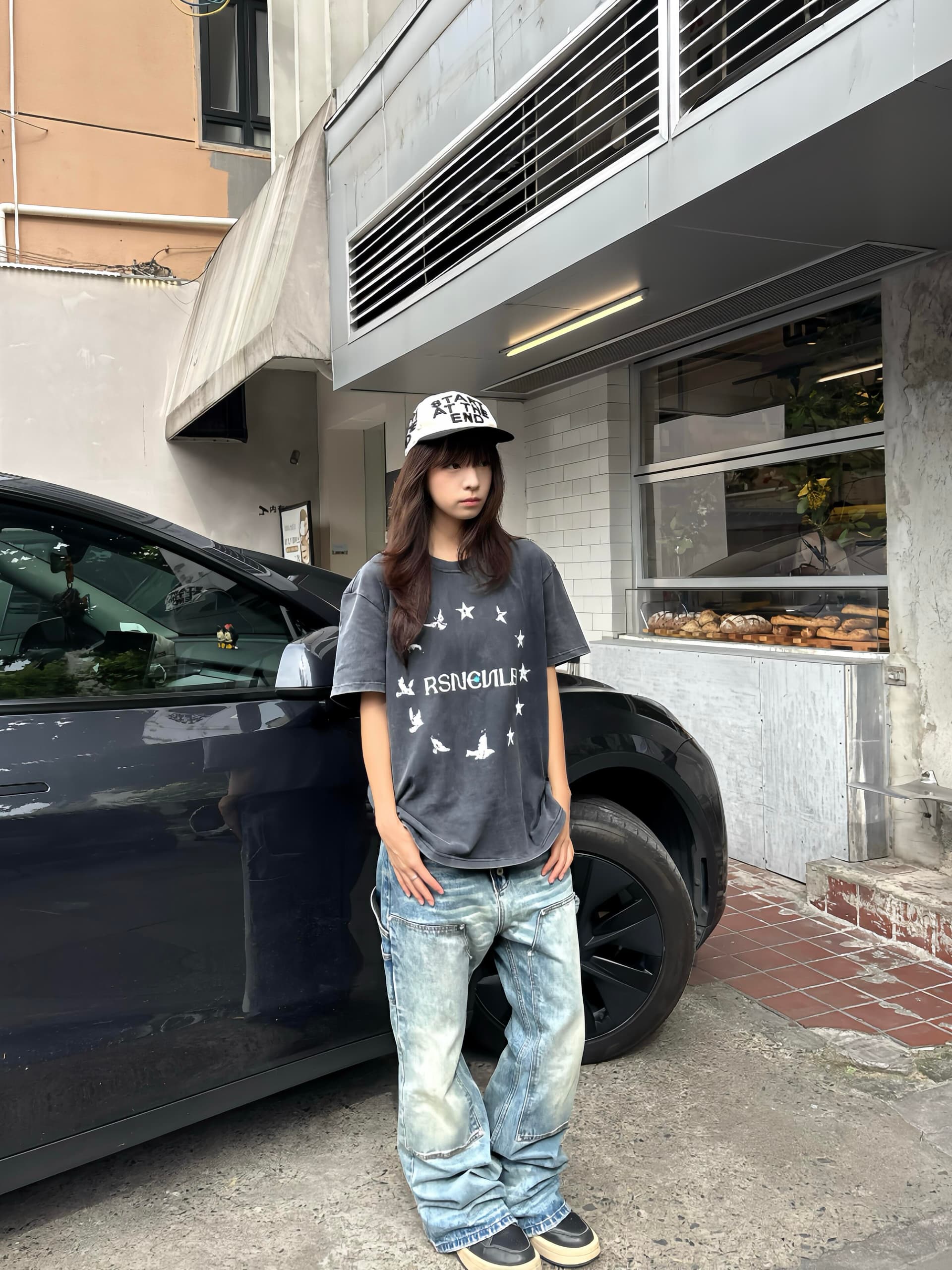 작은 대중 레트로 운동 별 슬로건 프린트 워싱 느긋한 캐주얼 루즈핏 순면 반팔 티셔츠 여성 이미지 2