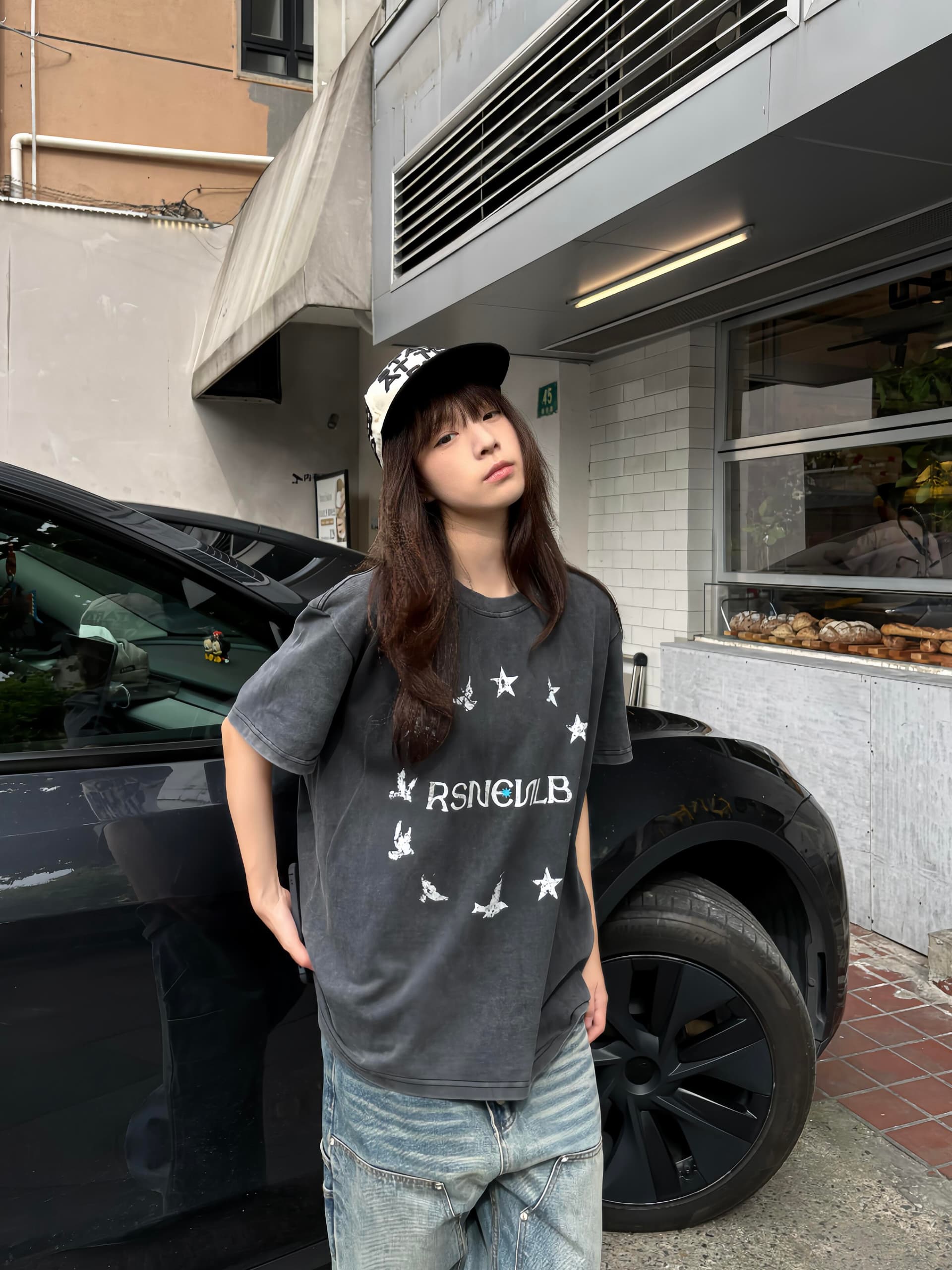 작은 대중 레트로 운동 별 슬로건 프린트 워싱 느긋한 캐주얼 루즈핏 순면 반팔 티셔츠 여성 상세 이미지 1