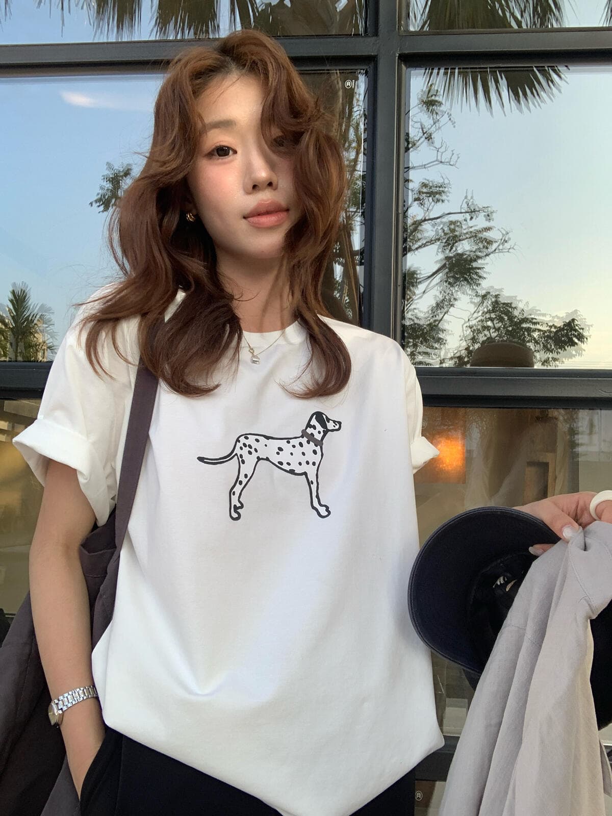 한 부서 미니멀리즘 달마 시안 프린트 반팔 티셔츠 여성 여름 루즈핏 슬림해 보이는 느긋한 윈디 에디션 지방 mm 맨위