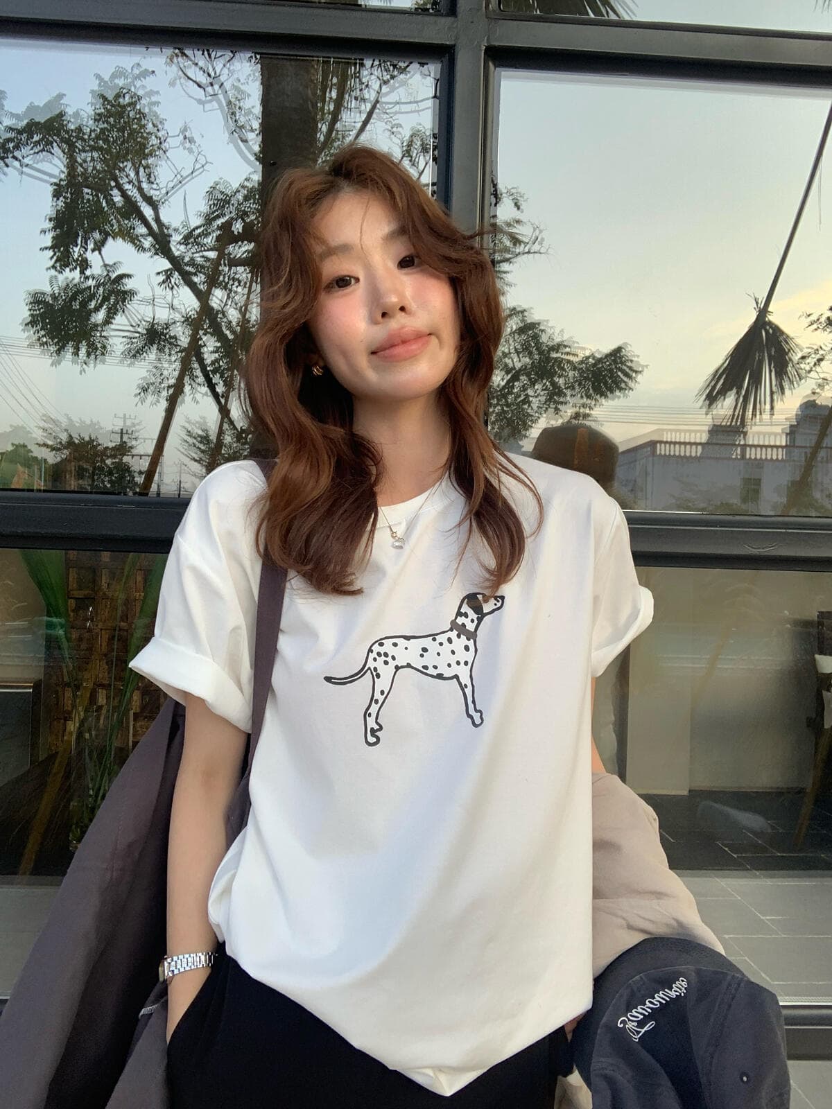 한 부서 미니멀리즘 달마 시안 프린트 반팔 티셔츠 여성 여름 루즈핏 슬림해 보이는 느긋한 윈디 에디션 지방 mm 맨위 상세 이미지 2