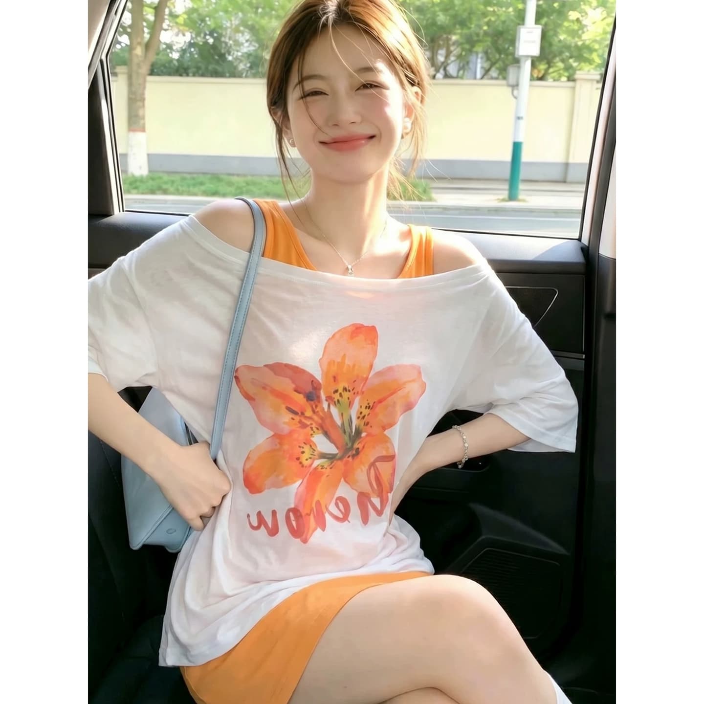 화이트 프린트 가면 자외선 차단 긴팔 티셔츠 여성 여름 Tulle 루즈핏 에어컨 블라우스 자이언트 잘 생긴 오프숄더 맨위 상세 이미지 3