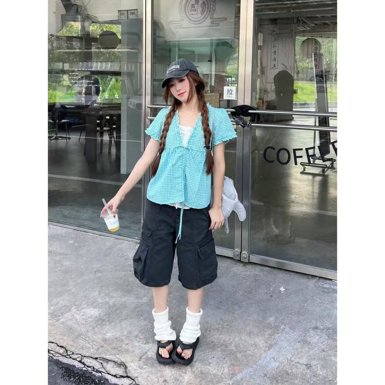 한 부서 체크무늬 레이스업 페이크 레이어드 여성 셔츠 여름 달콤함 캐주얼 바람 소녀 센스 연령 감소 맨위 이미지 4
