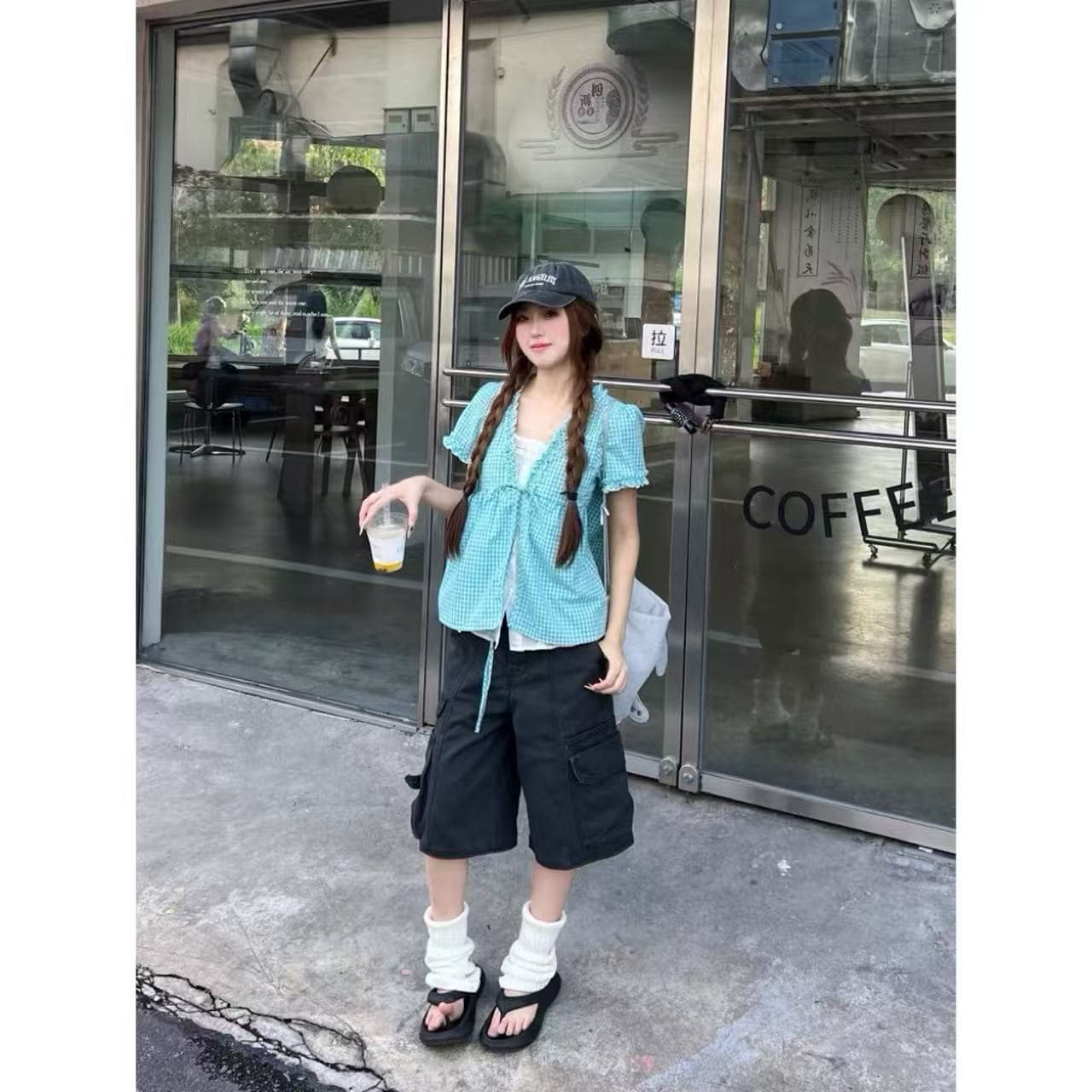 한 부서 체크무늬 레이스업 페이크 레이어드 여성 셔츠 여름 달콤함 캐주얼 바람 소녀 센스 연령 감소 맨위 상세 이미지 1