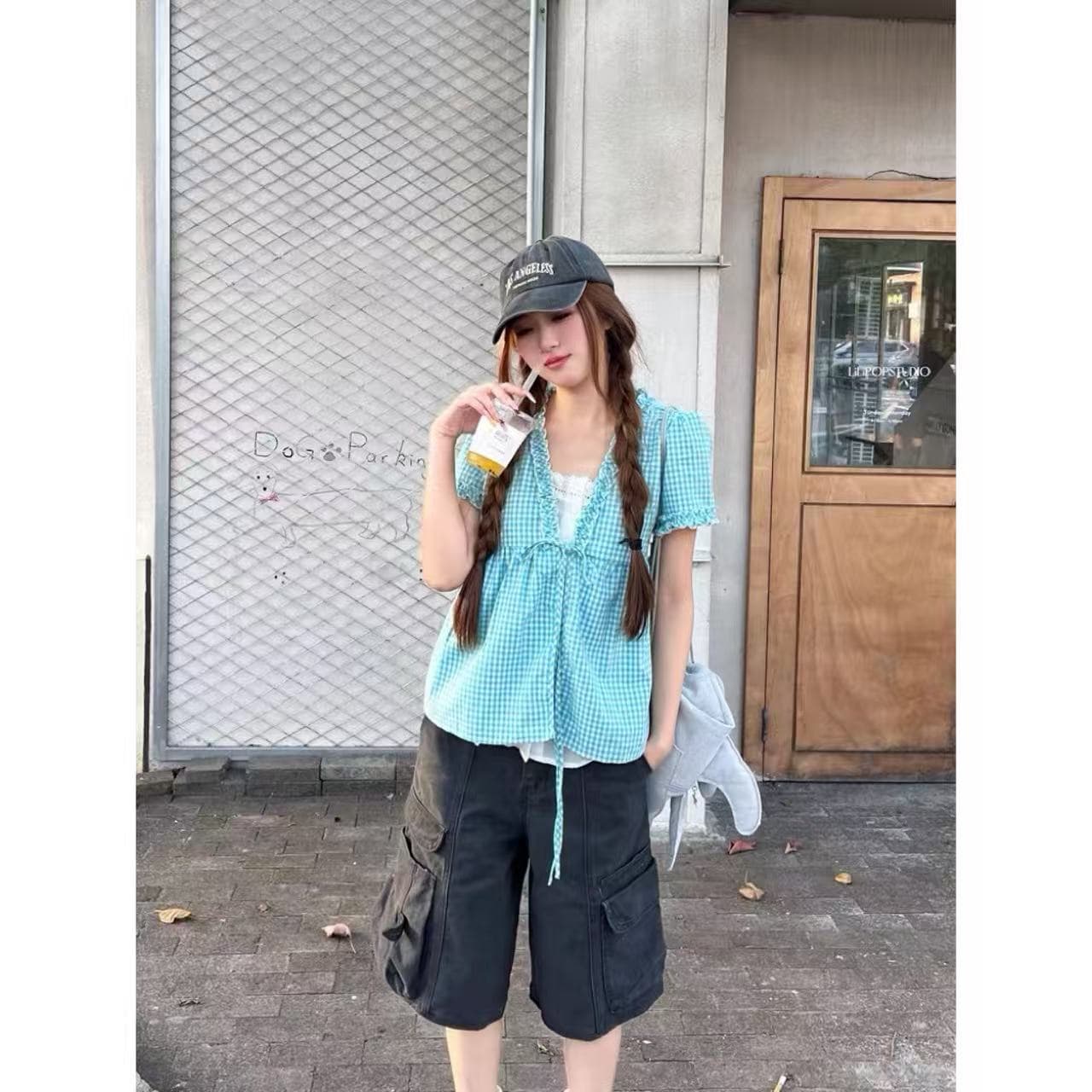 한 부서 체크무늬 레이스업 페이크 레이어드 여성 셔츠 여름 달콤함 캐주얼 바람 소녀 센스 연령 감소 맨위 상세 이미지 2