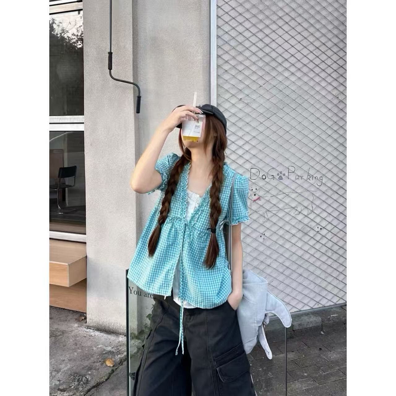 한 부서 체크무늬 레이스업 페이크 레이어드 여성 셔츠 여름 달콤함 캐주얼 바람 소녀 센스 연령 감소 맨위 상세 이미지 4