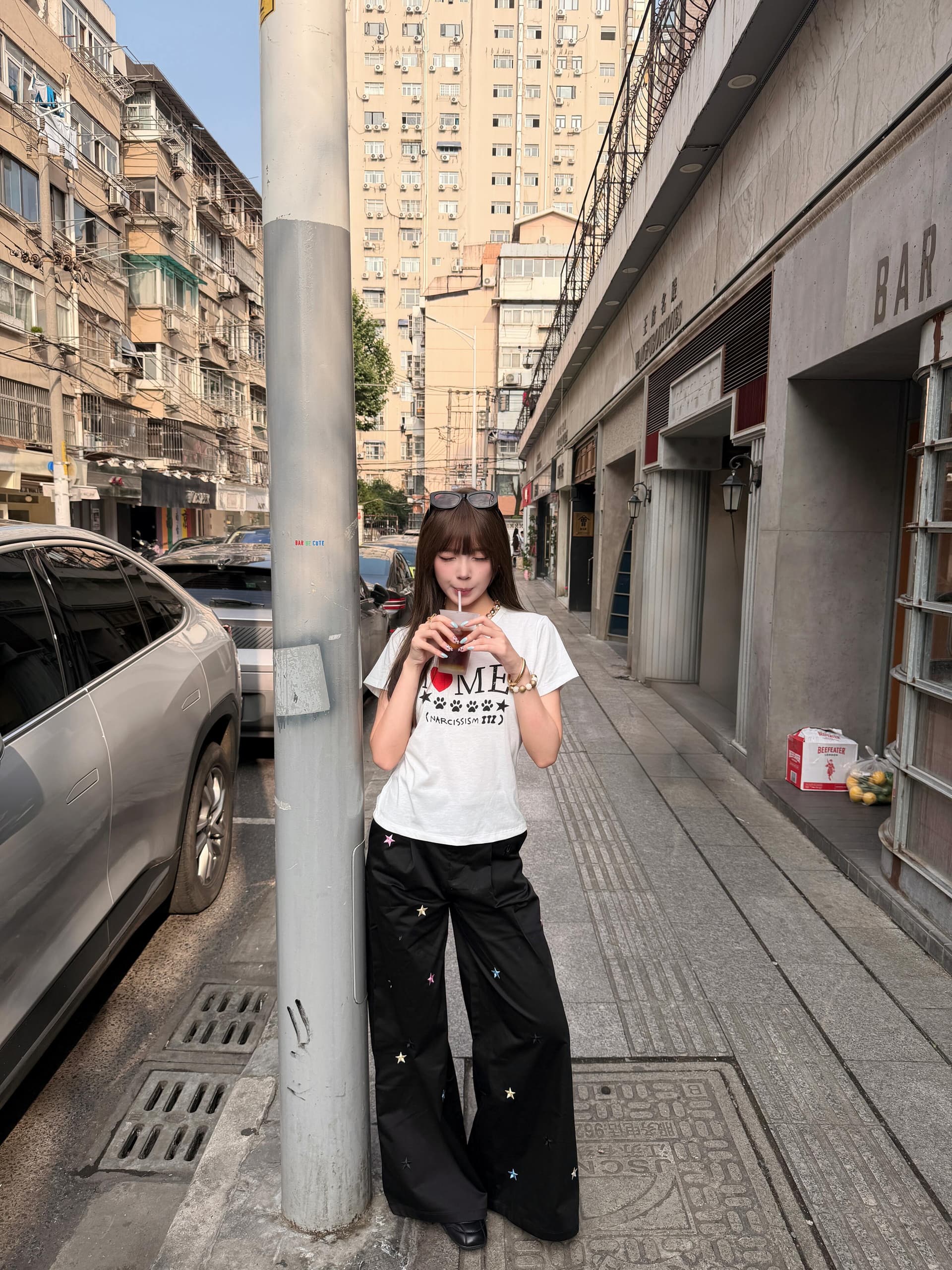 아메리칸 미니멀리즘 문예 바람 알파벳 하트 발자국 프린트 순면 반팔 여성 레저 다용도 슬림해 보이는 티셔츠 맨위 상세 이미지 5