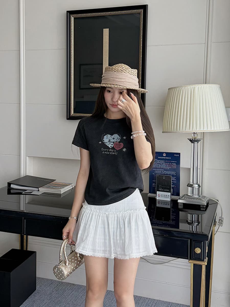 아메리칸 레트로 워싱 마 오래된 하트 프린트 티셔츠 달콤한 차가운 바람 루즈핏 슬림해 보이는 다용도 맨위 이미지 4