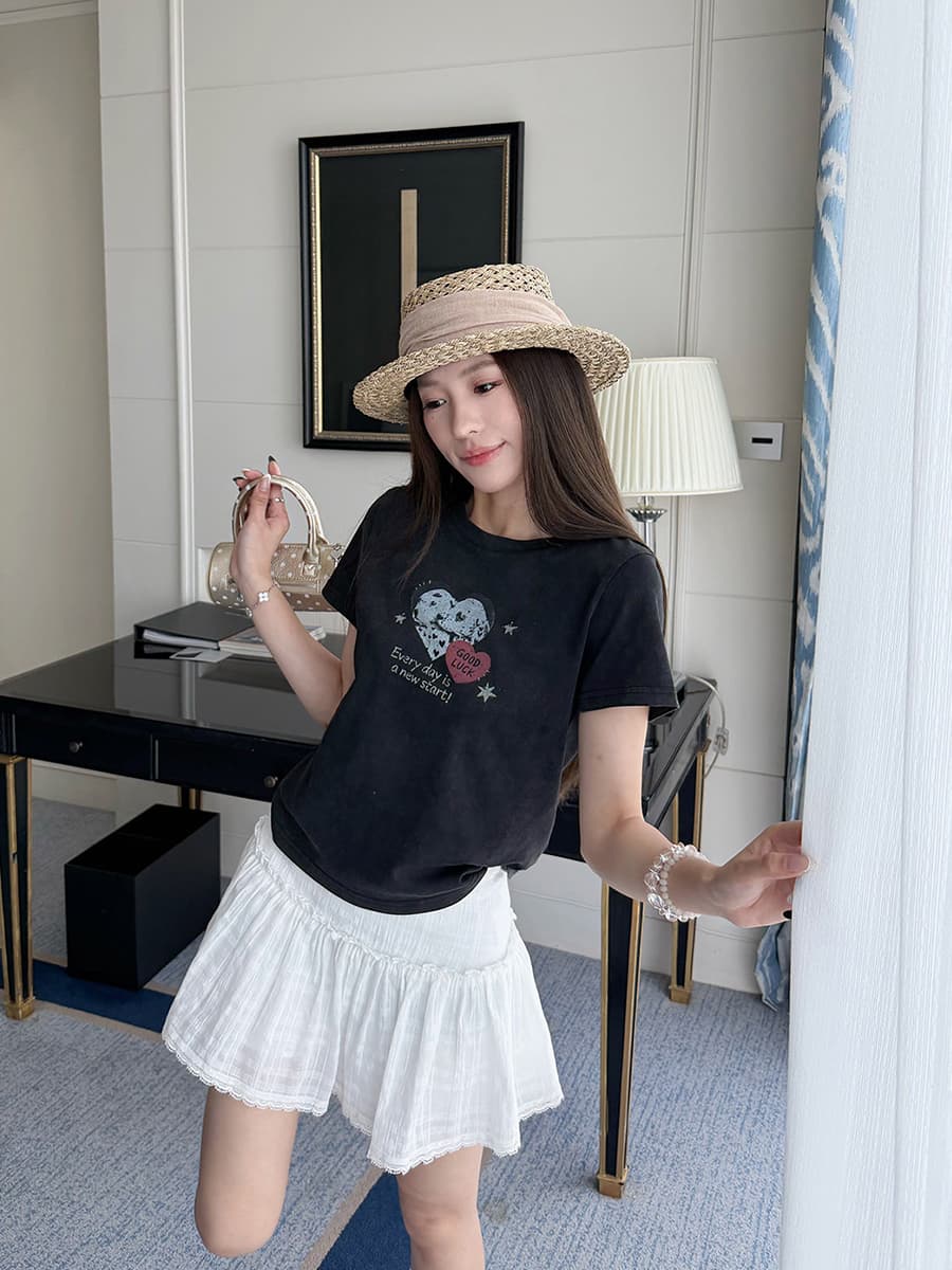 아메리칸 레트로 워싱 마 오래된 하트 프린트 티셔츠 달콤한 차가운 바람 루즈핏 슬림해 보이는 다용도 맨위 상세 이미지 2