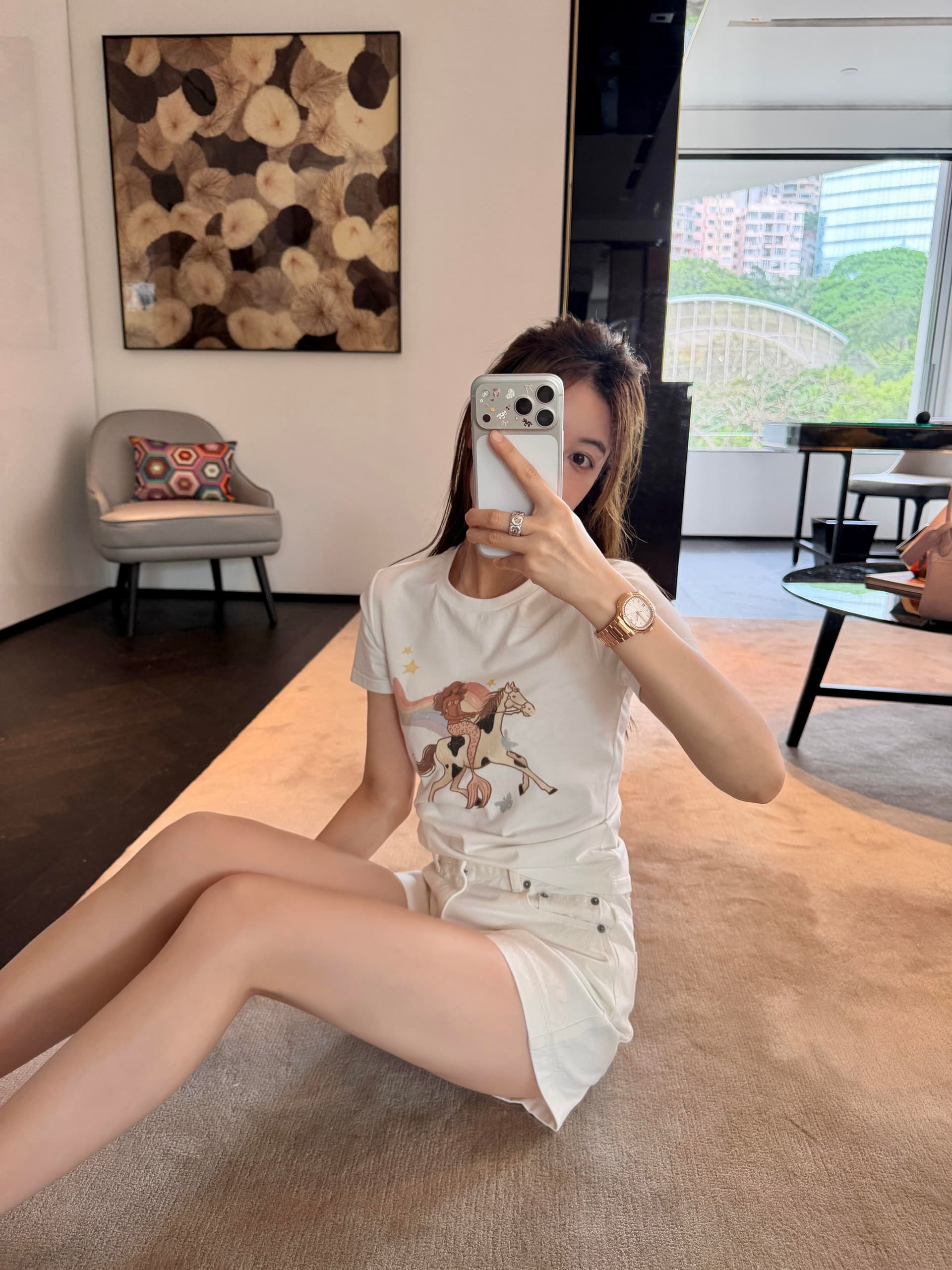 한 부서 ins 소녀 심장 여름 페인팅 프린트 캐주얼 면 소재 라운드 넥 긍정적 인 어깨 반팔 티셔츠 여성 슬림해 보이는 맨위 상세 이미지 2