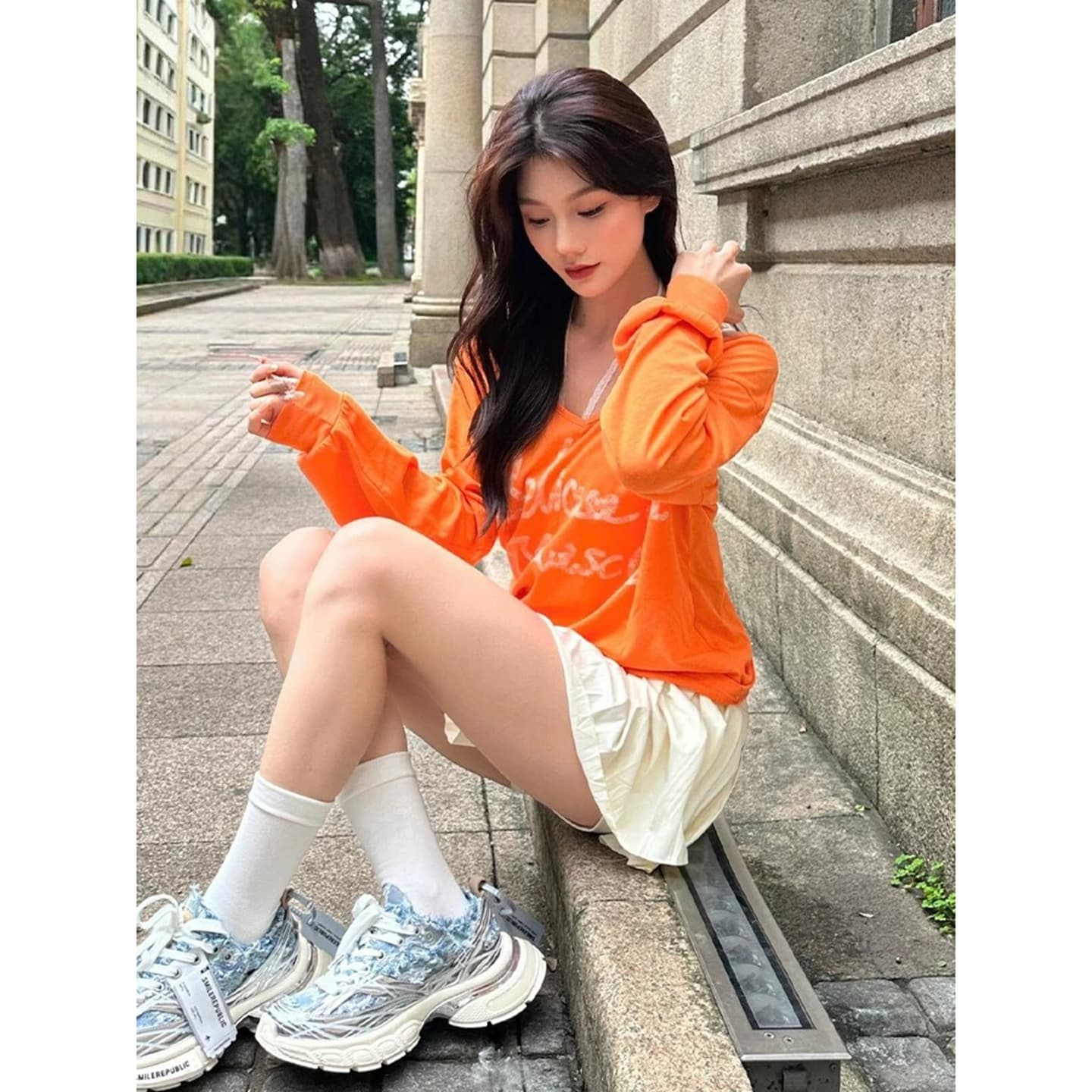 주황색 도파민 긴팔 티셔츠 여성 여름 알파벳 프린트 느긋한 자외선 차단 블라우스 루즈핏 캐주얼 다용도 맨위 상세 이미지 5