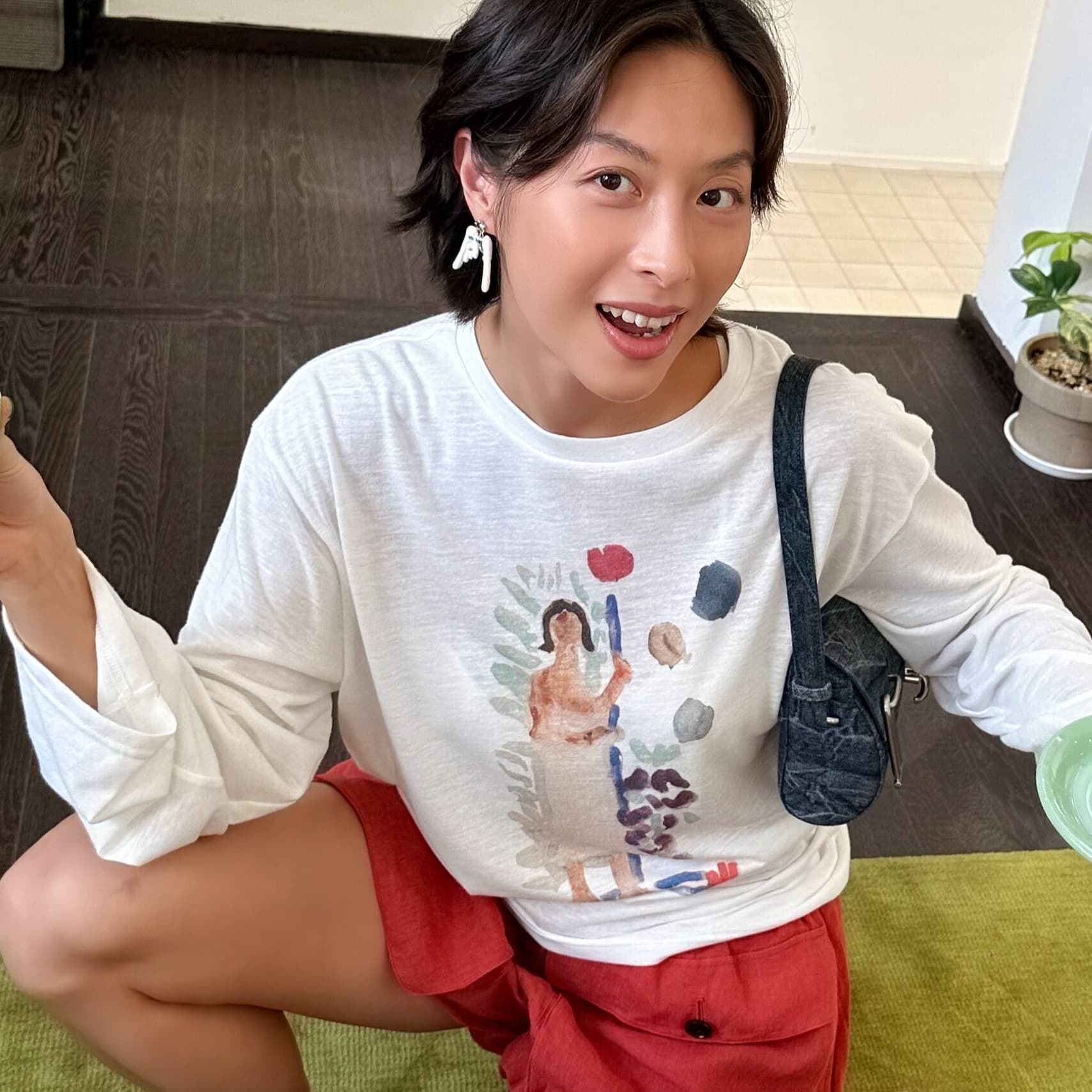 작은 대중 수채화 아티스트 프린트 느긋한 캐주얼 루즈핏 순면 편안함 대나무 마디 면 긴팔 티셔츠 여성