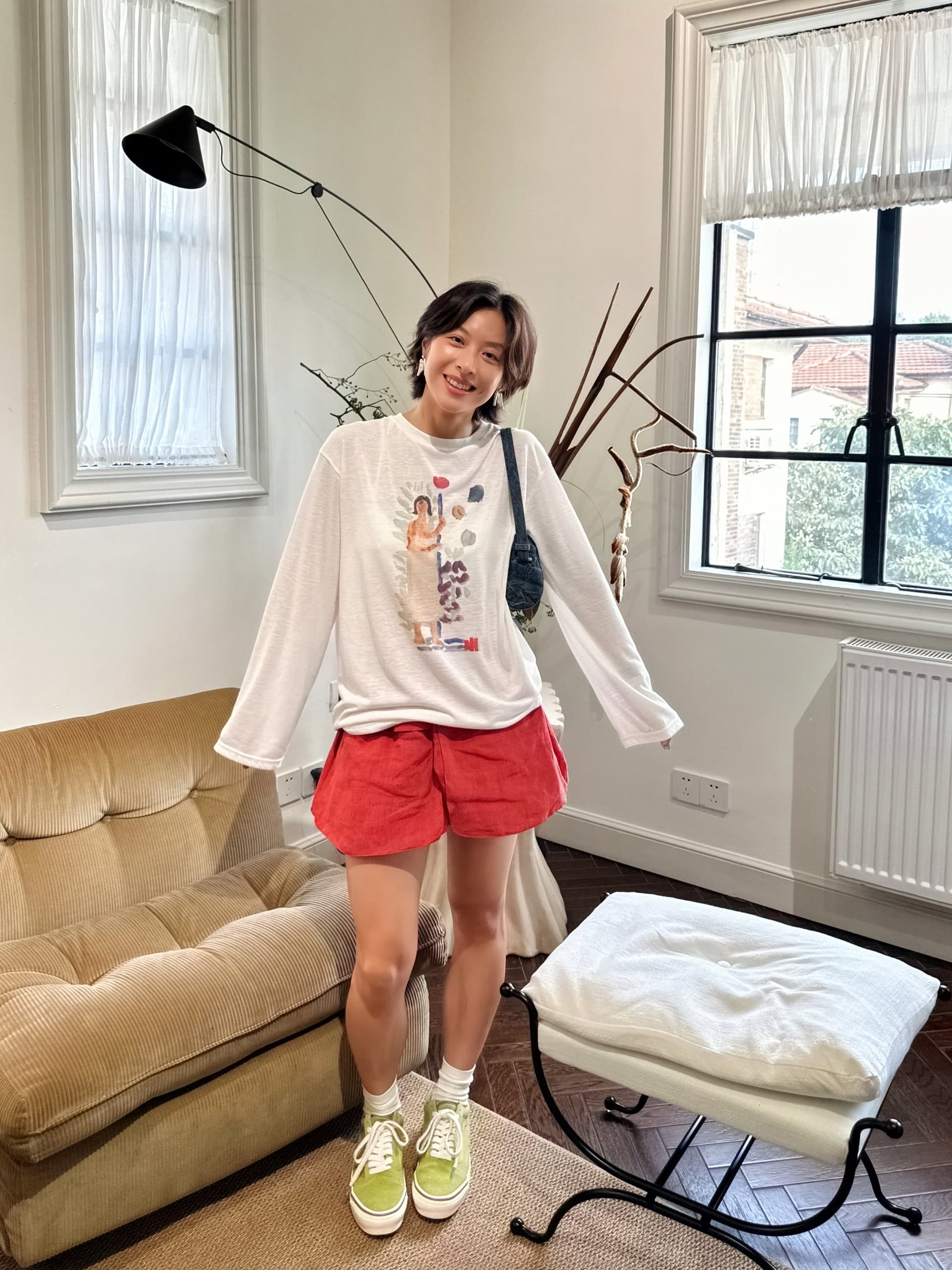 작은 대중 수채화 아티스트 프린트 느긋한 캐주얼 루즈핏 순면 편안함 대나무 마디 면 긴팔 티셔츠 여성 상세 이미지 2