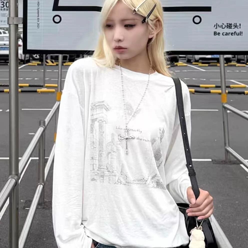 작은 대중 레트로 폐허 건축 프린트 느긋한 캐주얼 루즈핏 순면 자외선 차단 얇은 스타일 긴팔 티셔츠 여성 상세 이미지 1