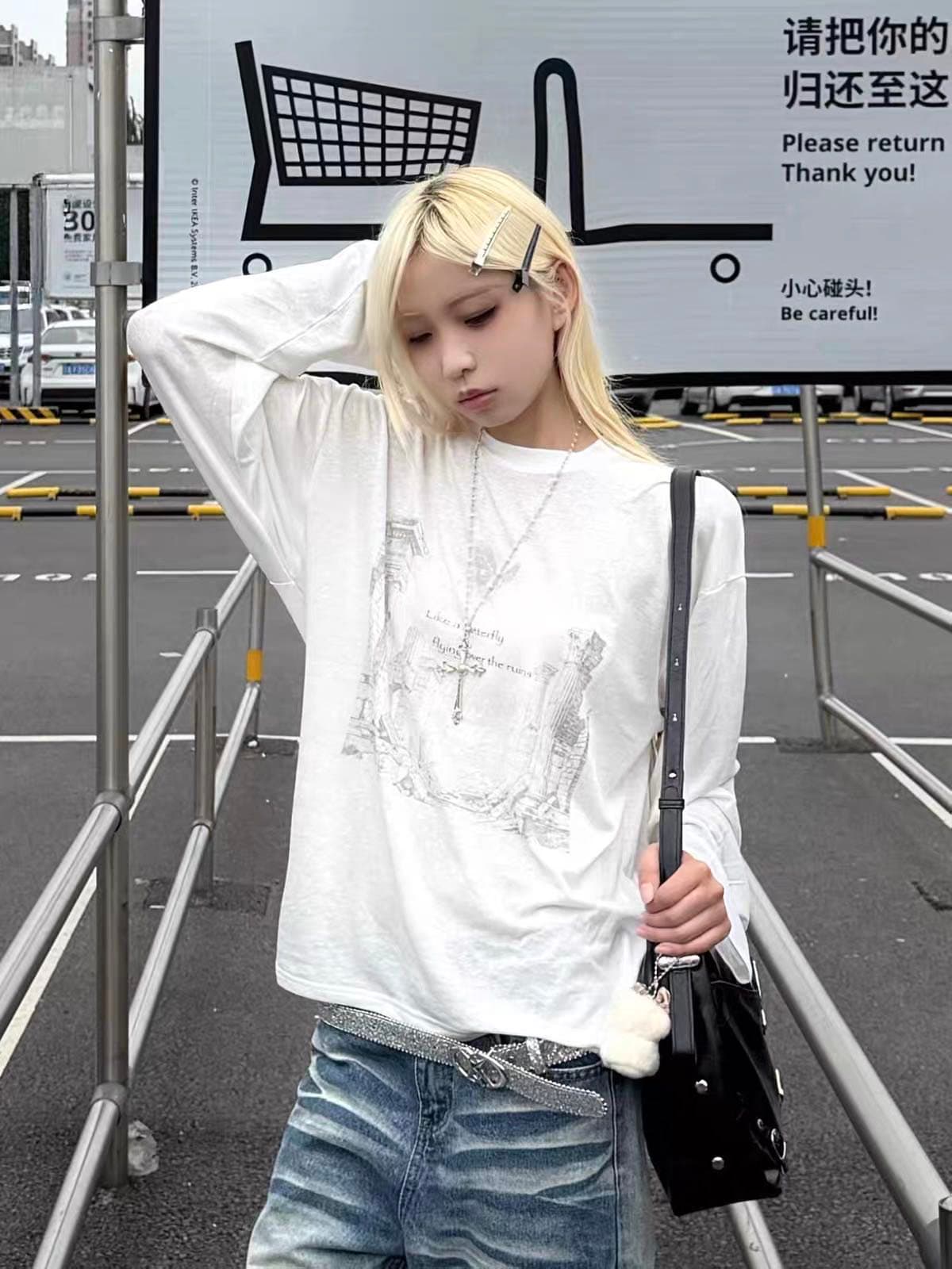 작은 대중 레트로 폐허 건축 프린트 느긋한 캐주얼 루즈핏 순면 자외선 차단 얇은 스타일 긴팔 티셔츠 여성 상세 이미지 3
